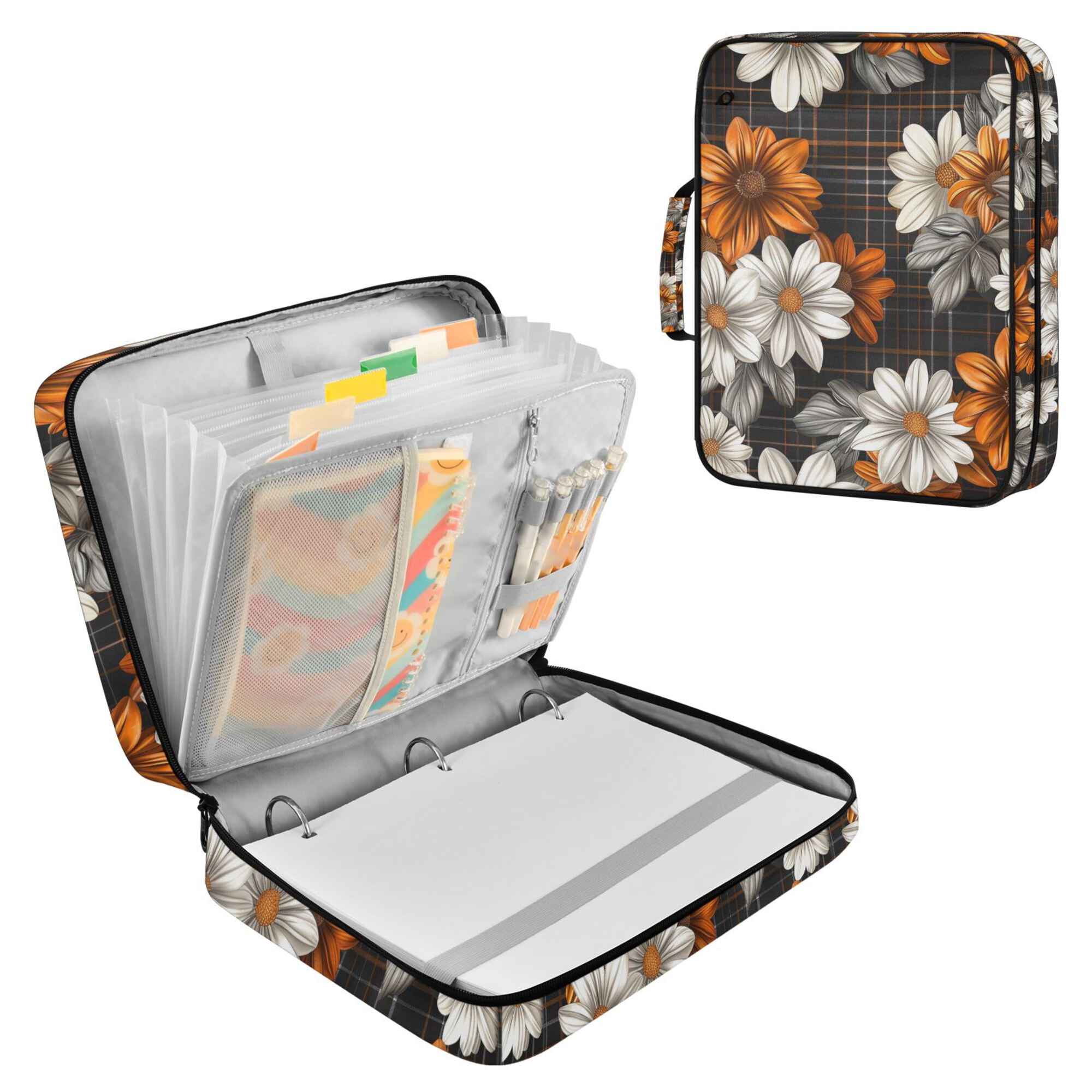 FORMRS Accordion File Folder A4 Size 7-Pocket Expanding Document Organizer Bag with 3 Ring Binder, Black Plaid Floral