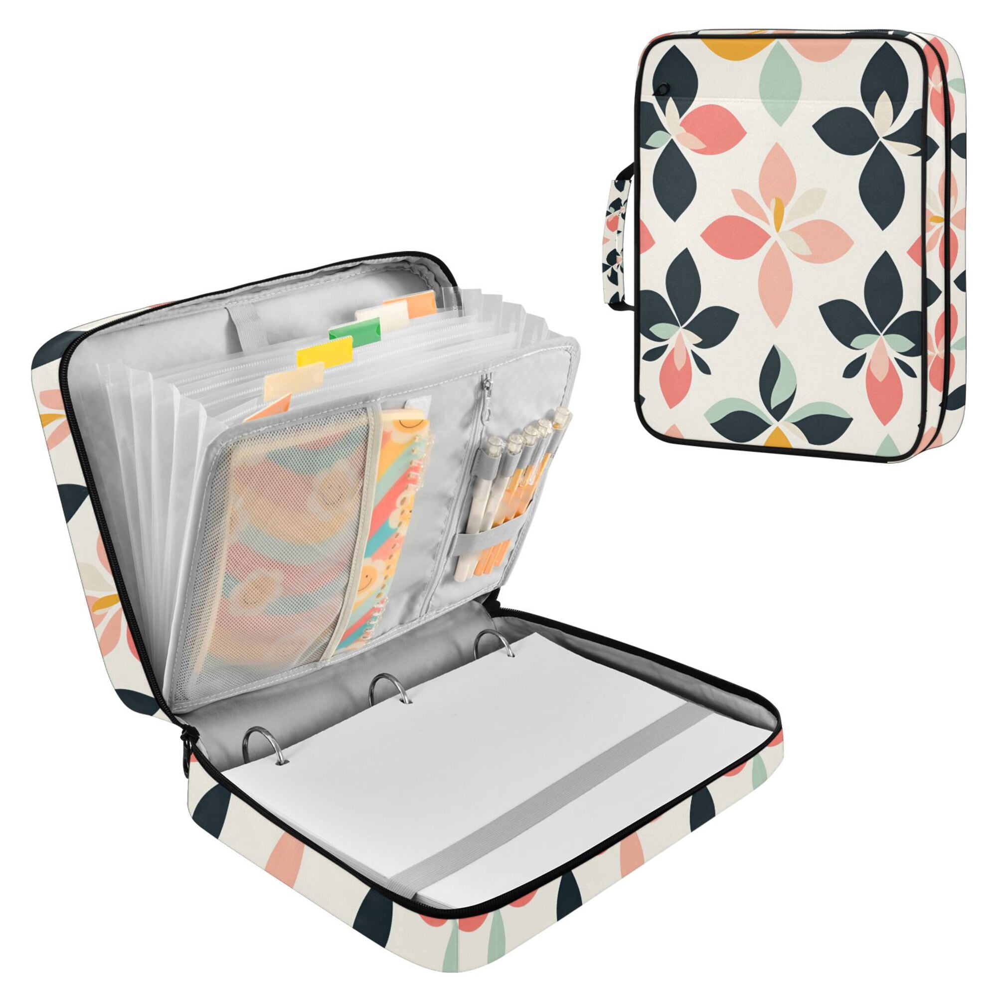 FORMRS Accordion File Folder A4 Size 7-Pocket Expanding Document Organizer Bag with 3 Ring Binder, Black Retro Flower