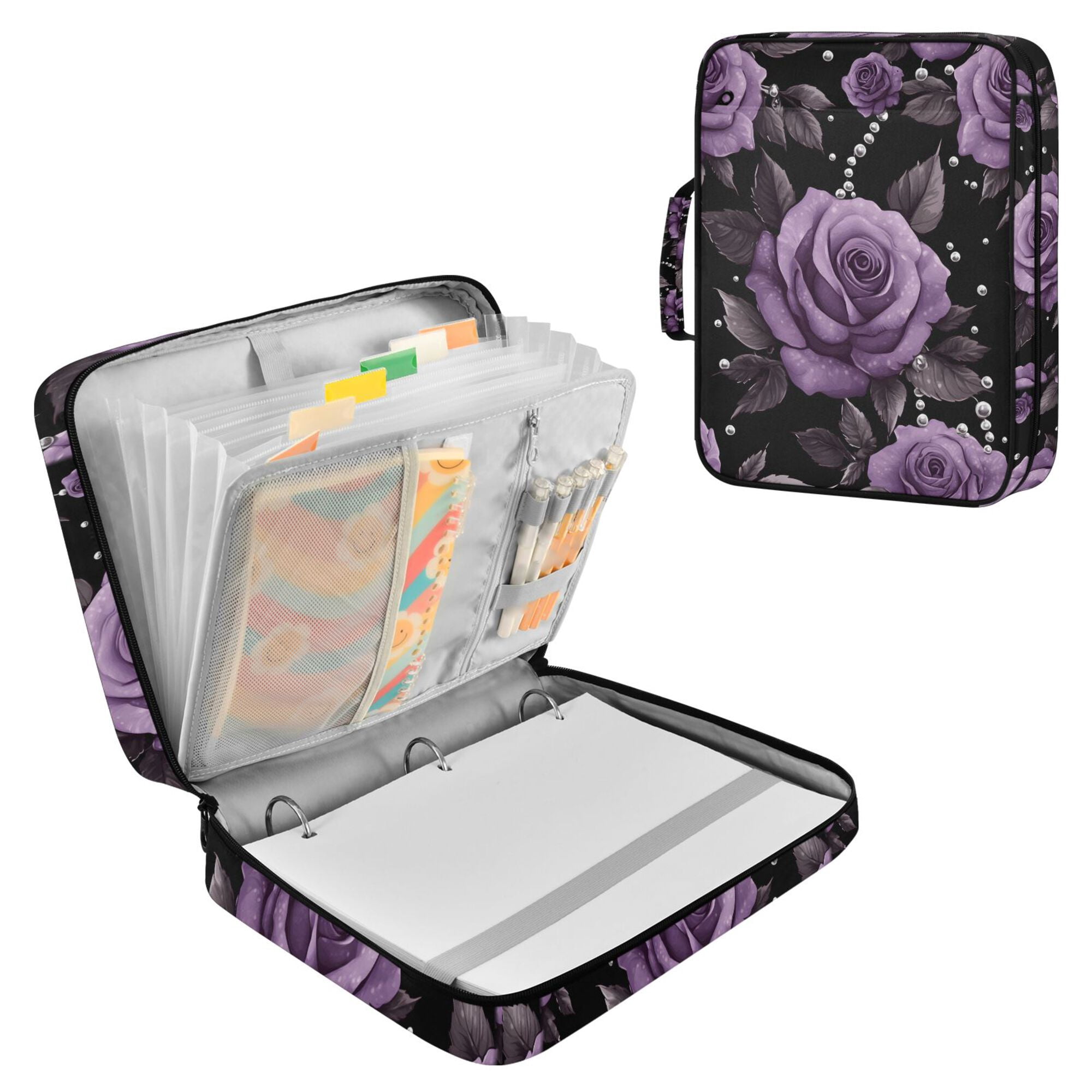 FORMRS Accordion File Folder A4 Size 7-Pocket Expanding Document Organizer Bag with 3 Ring Binder, Black Roses
