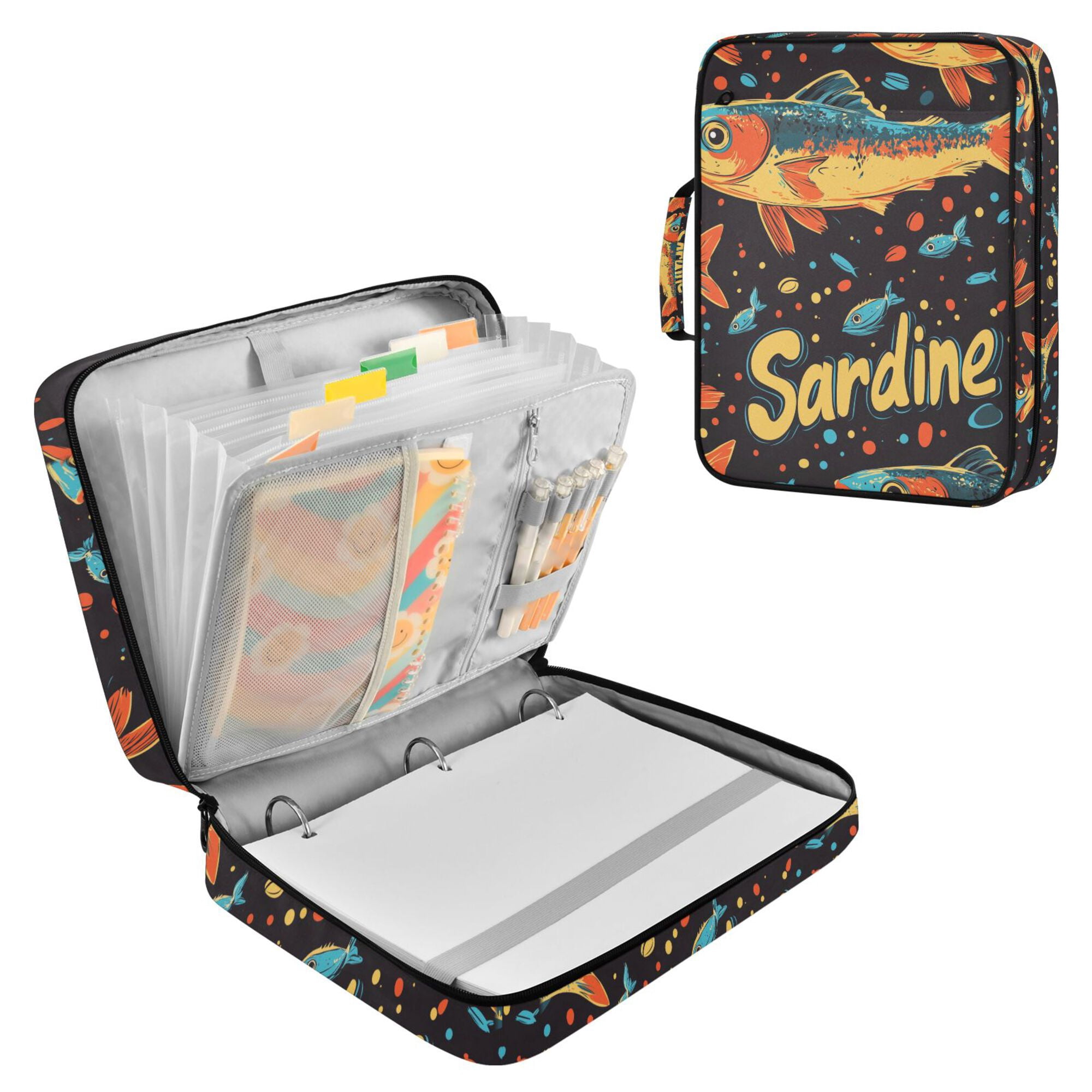 FORMRS Accordion File Folder A4 Size 7-Pocket Expanding Document Organizer Bag with 3 Ring Binder, Black Sardines Pattern