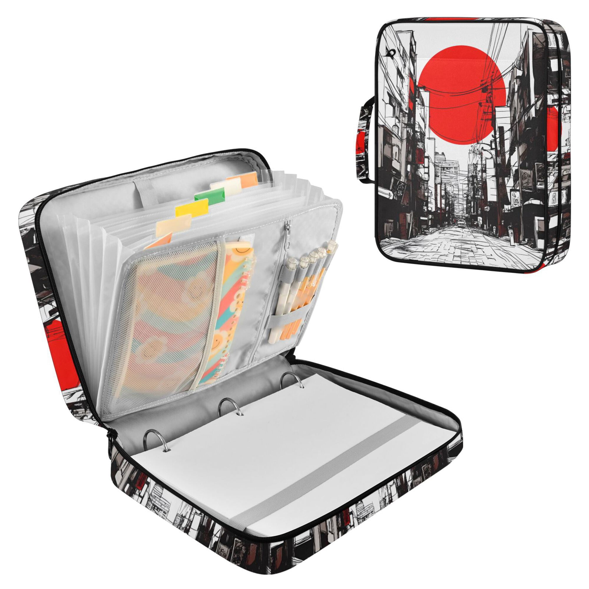FORMRS Accordion File Folder A4 Size 7-Pocket Expanding Document Organizer Bag with 3 Ring Binder, Black Streets