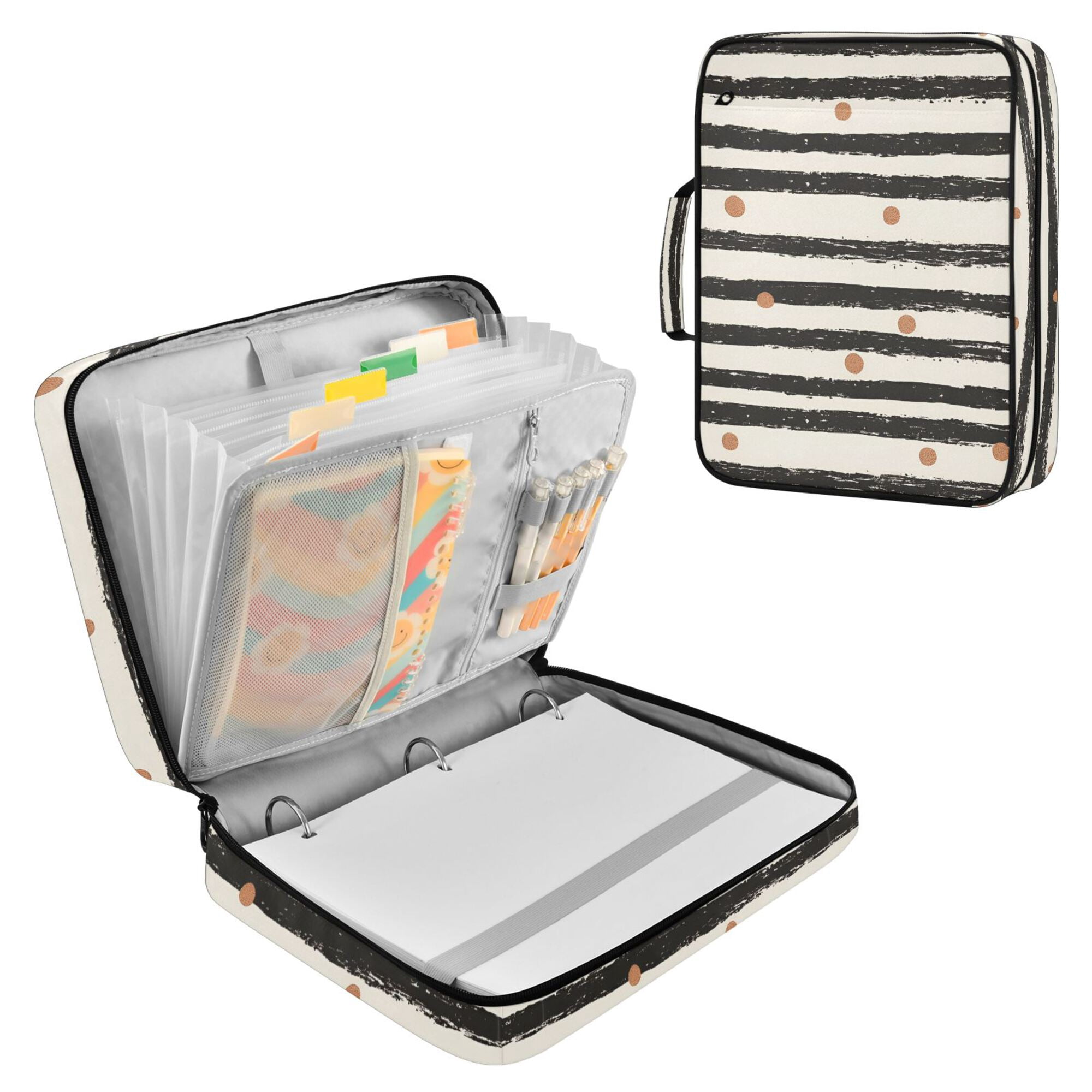 FORMRS Accordion File Folder A4 Size 7-Pocket Expanding Document Organizer Bag with 3 Ring Binder, Black Stripes