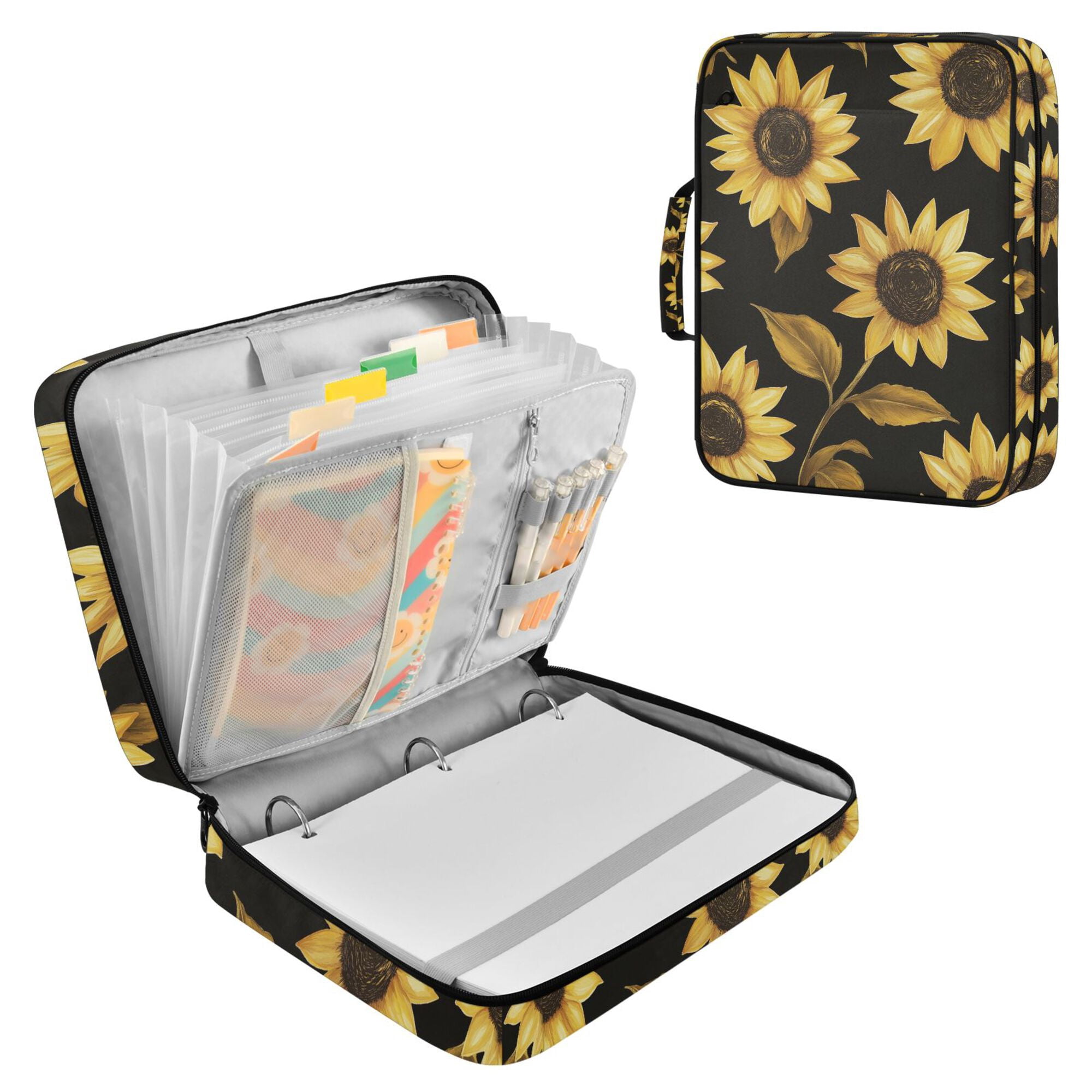 FORMRS Accordion File Folder A4 Size 7-Pocket Expanding Document Organizer Bag with 3 Ring Binder, Black Sunflower Pattern