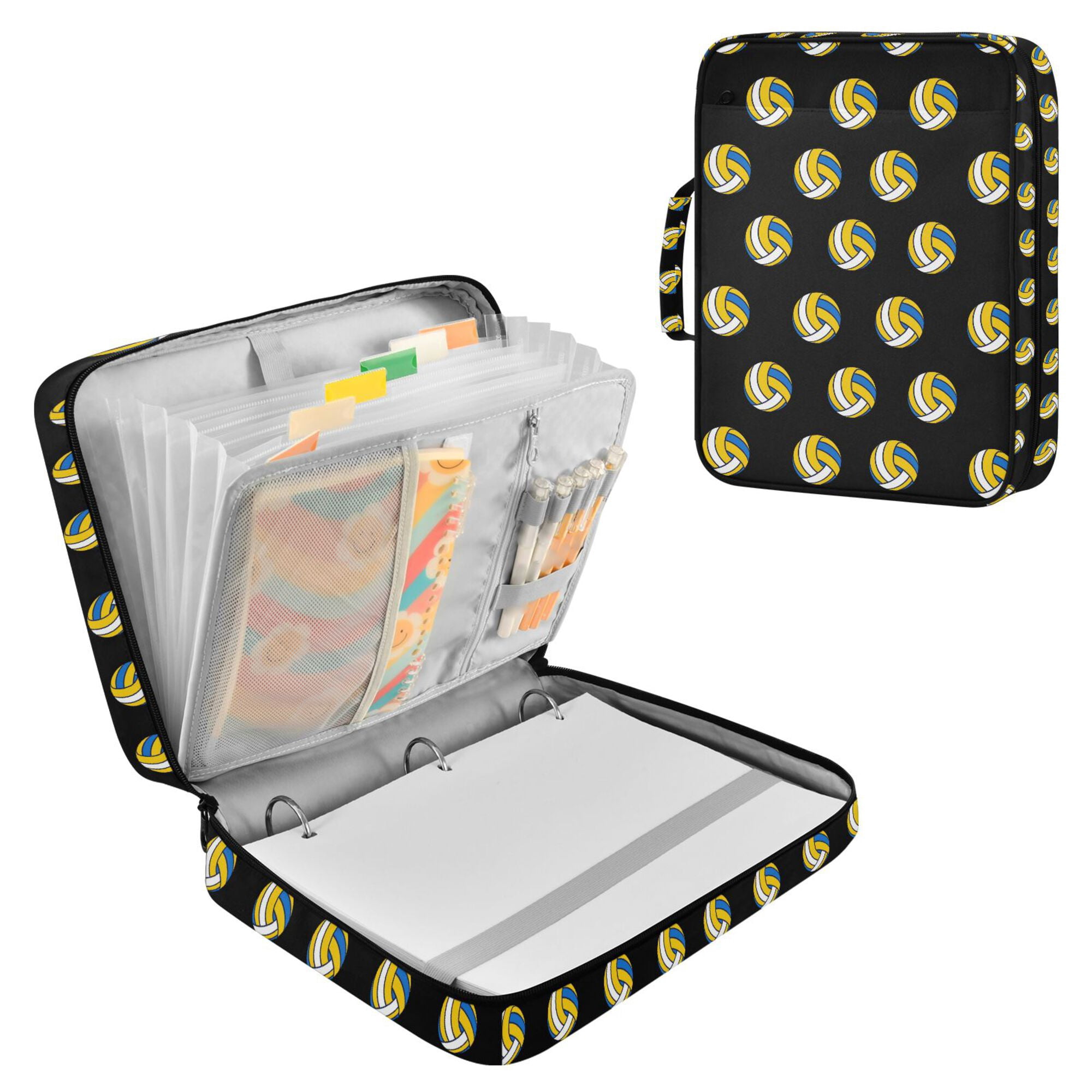 FORMRS Accordion File Folder A4 Size 7-Pocket Expanding Document Organizer Bag with 3 Ring Binder, Black Volleyball Pattern