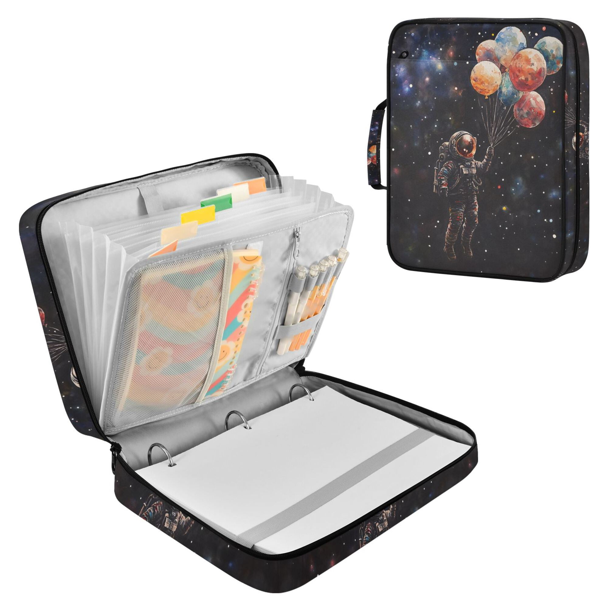 FORMRS Accordion File Folder A4 Size 7-Pocket Expanding Document Organizer Bag with 3 Ring Binder, Black Watercolor Space