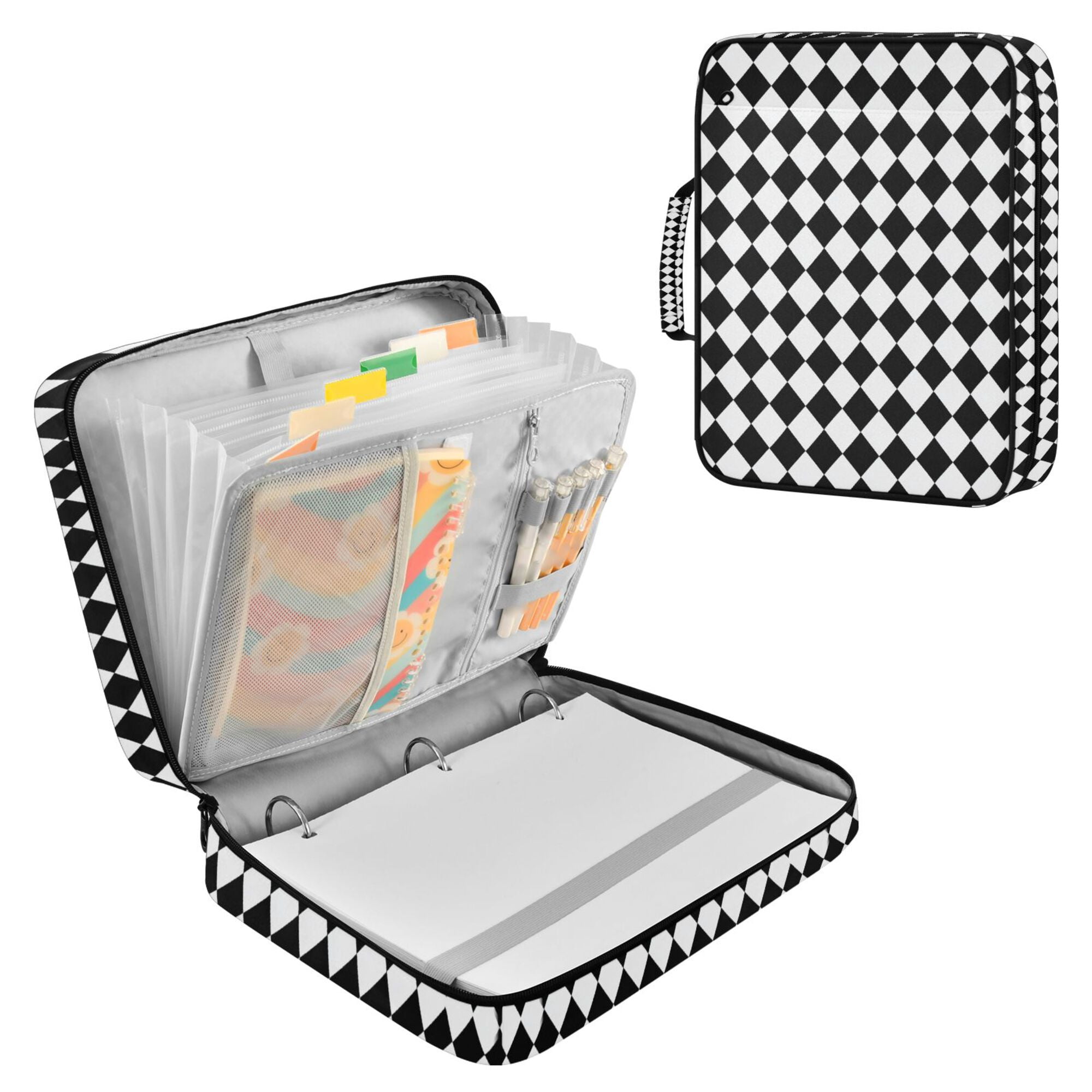 FORMRS Accordion File Folder A4 Size 7-Pocket Expanding Document Organizer Bag with 3 Ring Binder, Black and White Geometric