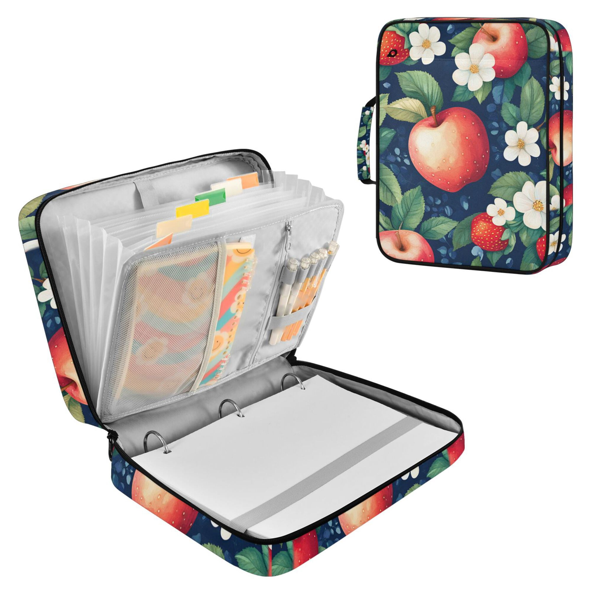 FORMRS Accordion File Folder A4 Size 7-Pocket Expanding Document Organizer Bag with 3 Ring Binder, Blue Apple Pattern