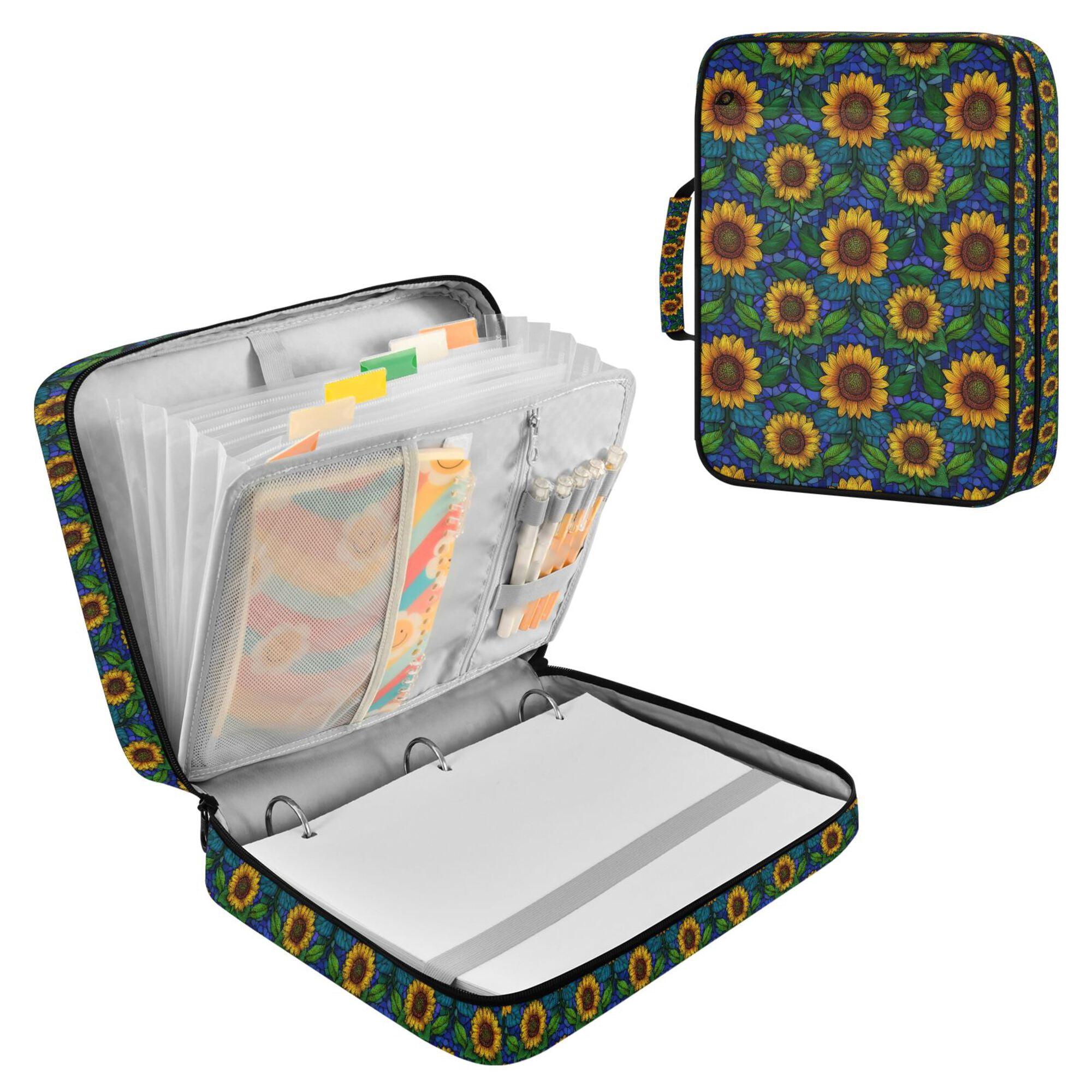 FORMRS Accordion File Folder A4 Size 7-Pocket Expanding Document Organizer Bag with 3 Ring Binder, Blue Art Sunflowers