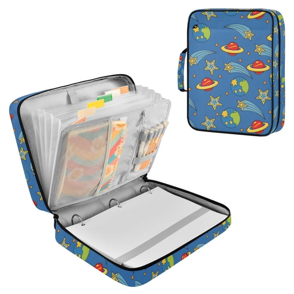 FORMRS Accordion File Folder A4 Size 7-Pocket Expanding Document Organizer Bag with 3 Ring Binder, Blue Cartoon Galaxy