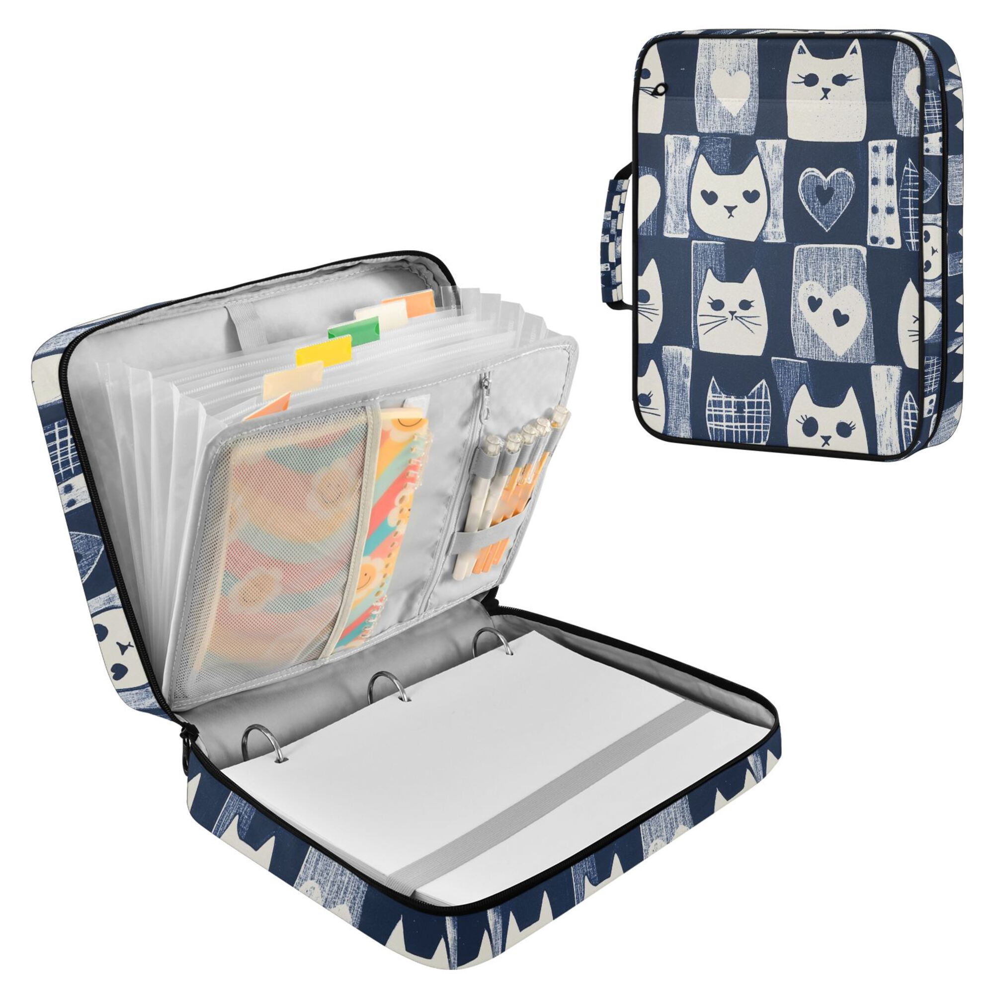 FORMRS Accordion File Folder A4 Size 7-Pocket Expanding Document Organizer Bag with 3 Ring Binder, Blue Cats and Hearts