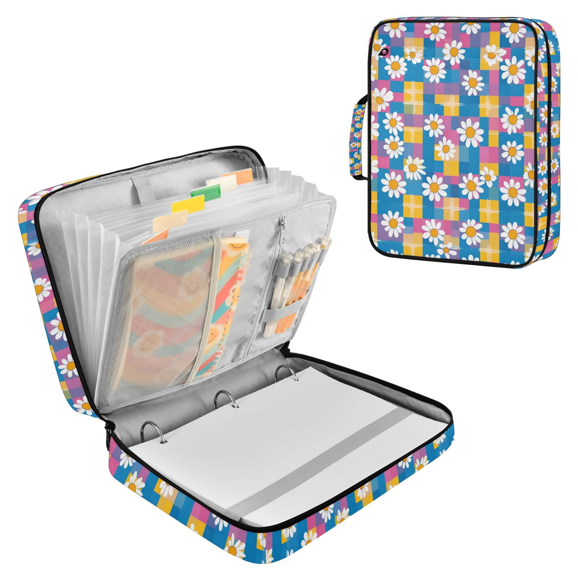 FORMRS Accordion File Folder A4 Size 7-Pocket Expanding Document Organizer Bag with 3 Ring Binder, Blue Checkered Daisy