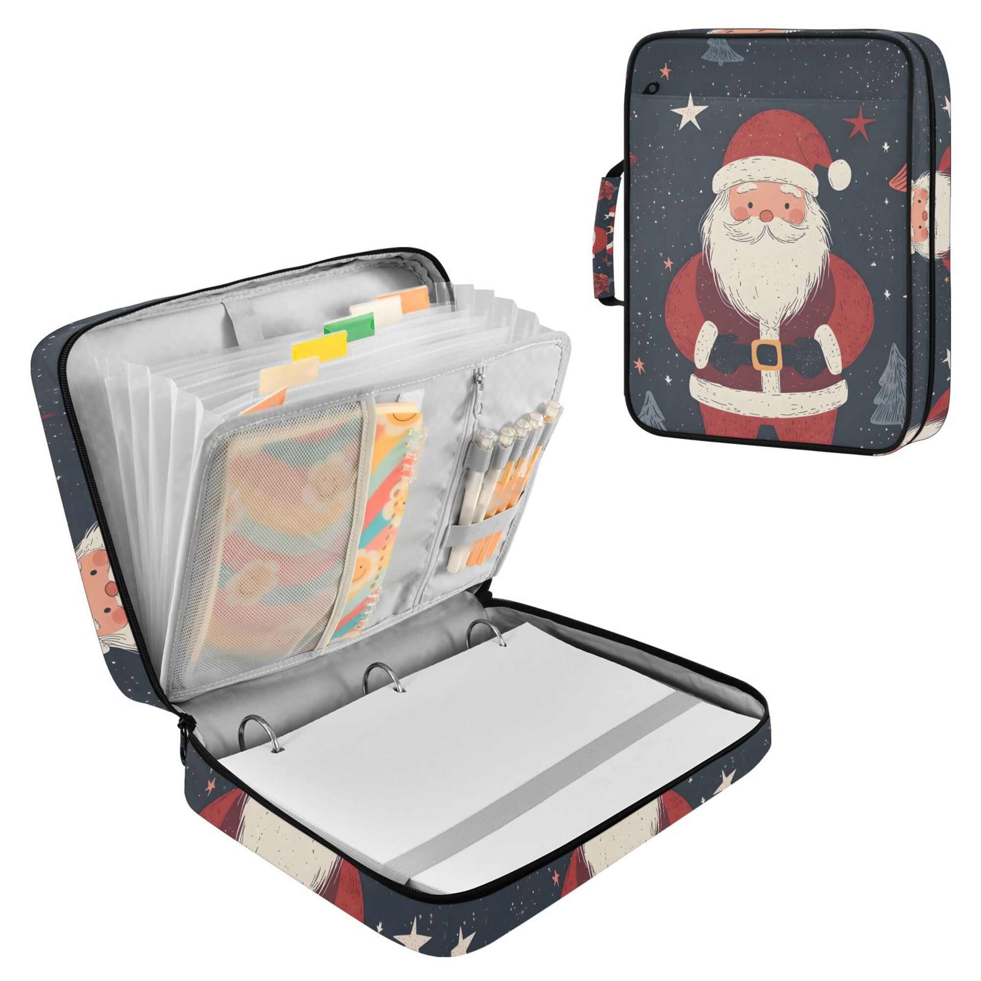 FORMRS Accordion File Folder A4 Size 7-Pocket Expanding Document Organizer Bag with 3 Ring Binder, Blue Christmas Santa