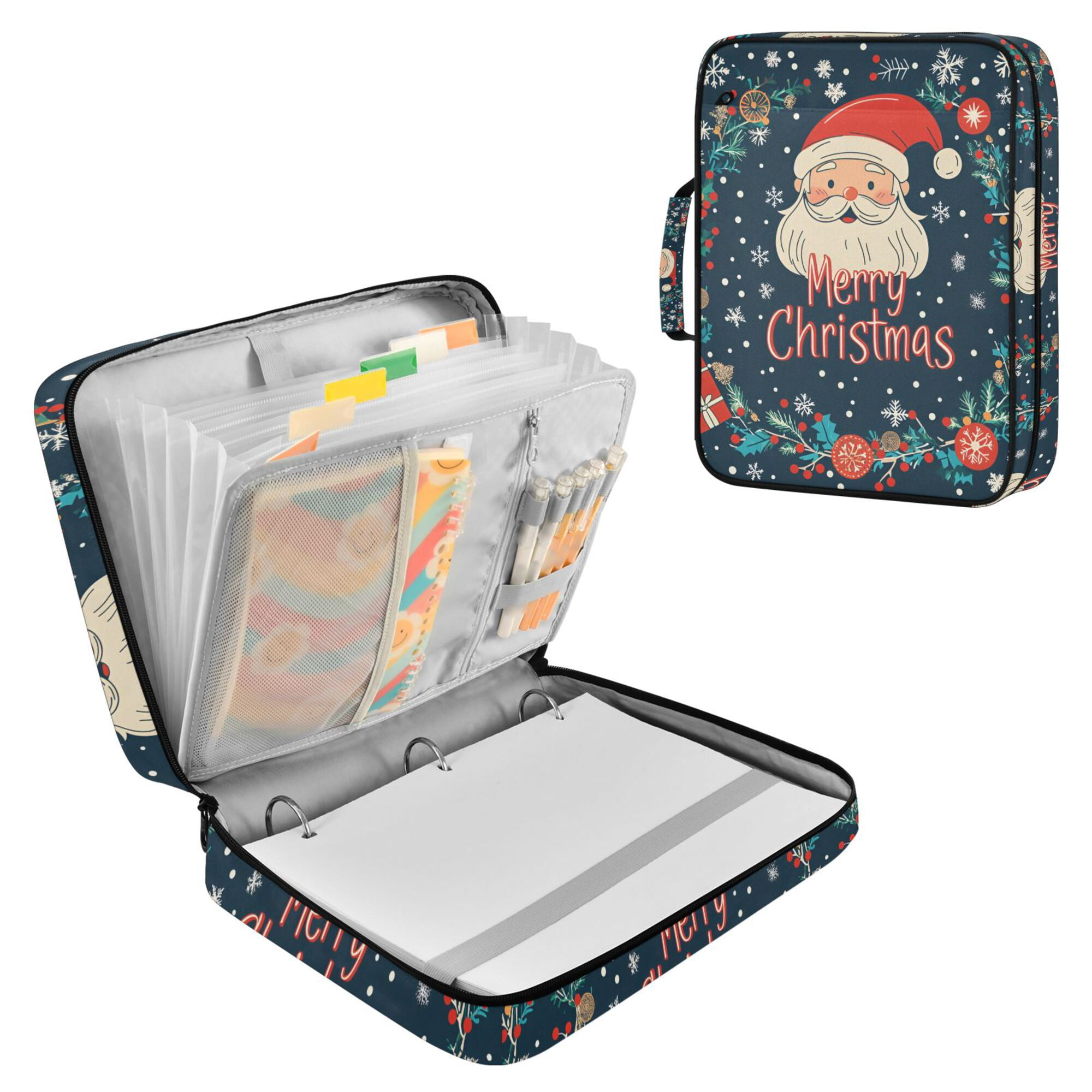 FORMRS Accordion File Folder A4 Size 7-Pocket Expanding Document Organizer Bag with 3 Ring Binder, Blue Christmas Santa