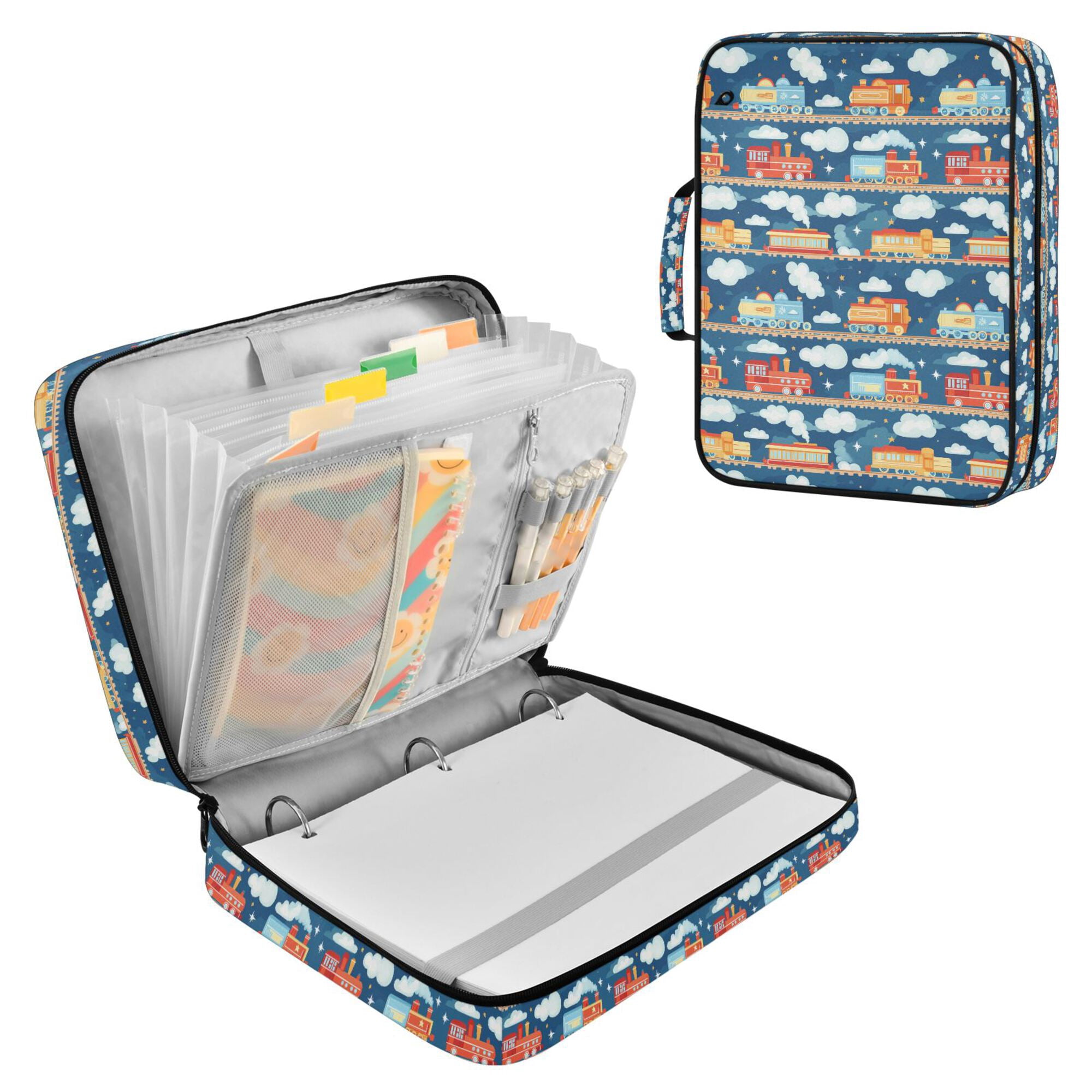 FORMRS Accordion File Folder A4 Size 7-Pocket Expanding Document Organizer Bag with 3 Ring Binder, Blue Cute Train Pattern