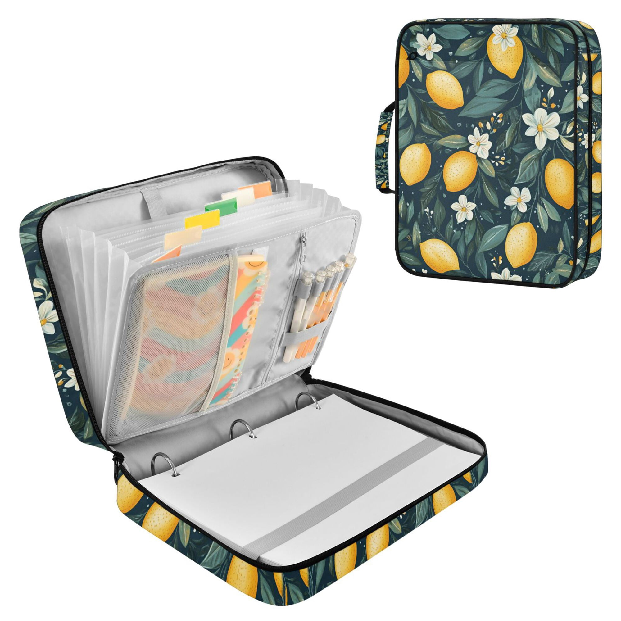 FORMRS Accordion File Folder A4 Size 7-Pocket Expanding Document Organizer Bag with 3 Ring Binder, Blue Floral Lemons