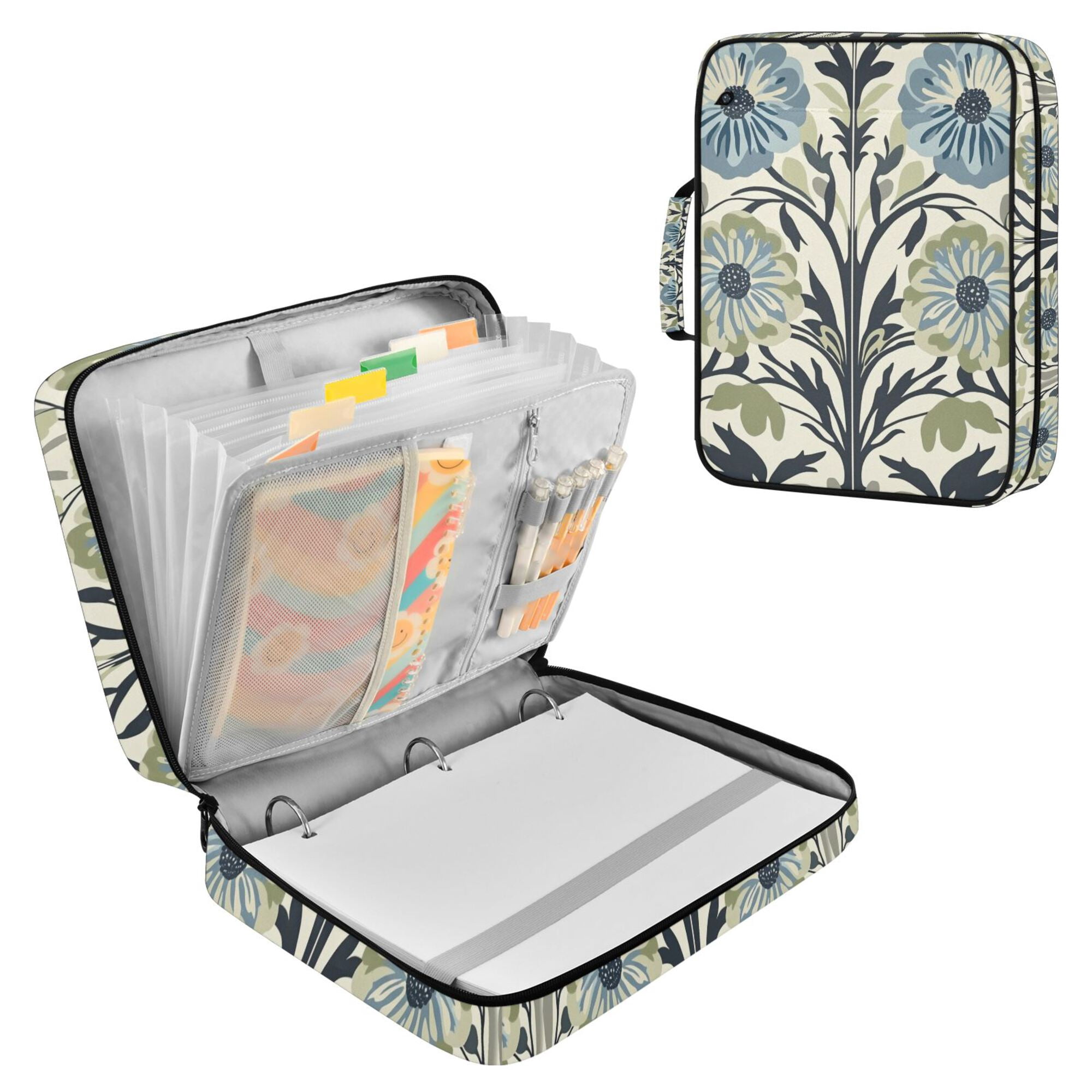 FORMRS Accordion File Folder A4 Size 7-Pocket Expanding Document Organizer Bag with 3 Ring Binder, Blue Floral Pattern