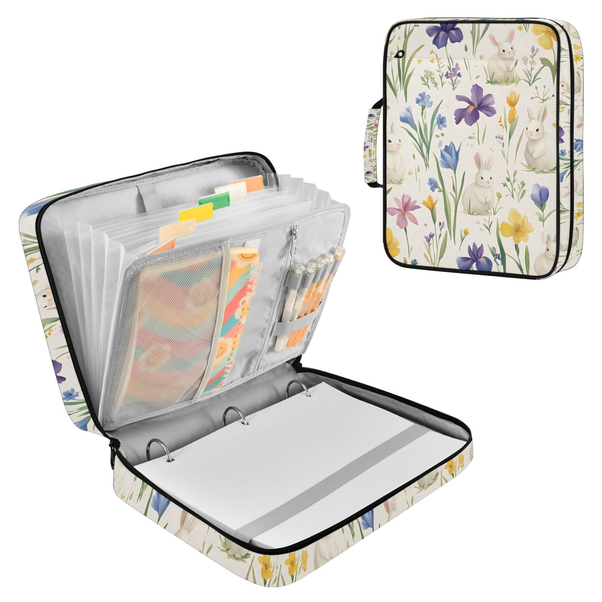 FORMRS Accordion File Folder A4 Size 7-Pocket Expanding Document Organizer Bag with 3 Ring Binder, Blue Floral Rabbit