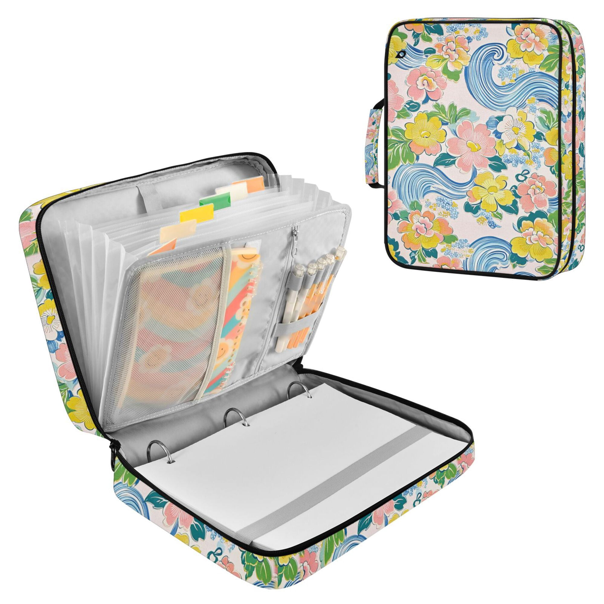 FORMRS Accordion File Folder A4 Size 7-Pocket Expanding Document Organizer Bag with 3 Ring Binder, Blue Floral Wave