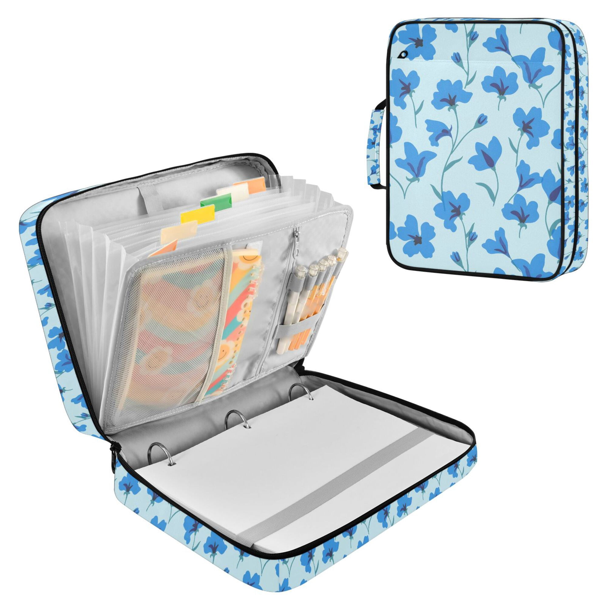 FORMRS Accordion File Folder A4 Size 7-Pocket Expanding Document Organizer Bag with 3 Ring Binder, Blue Flowers Pattern