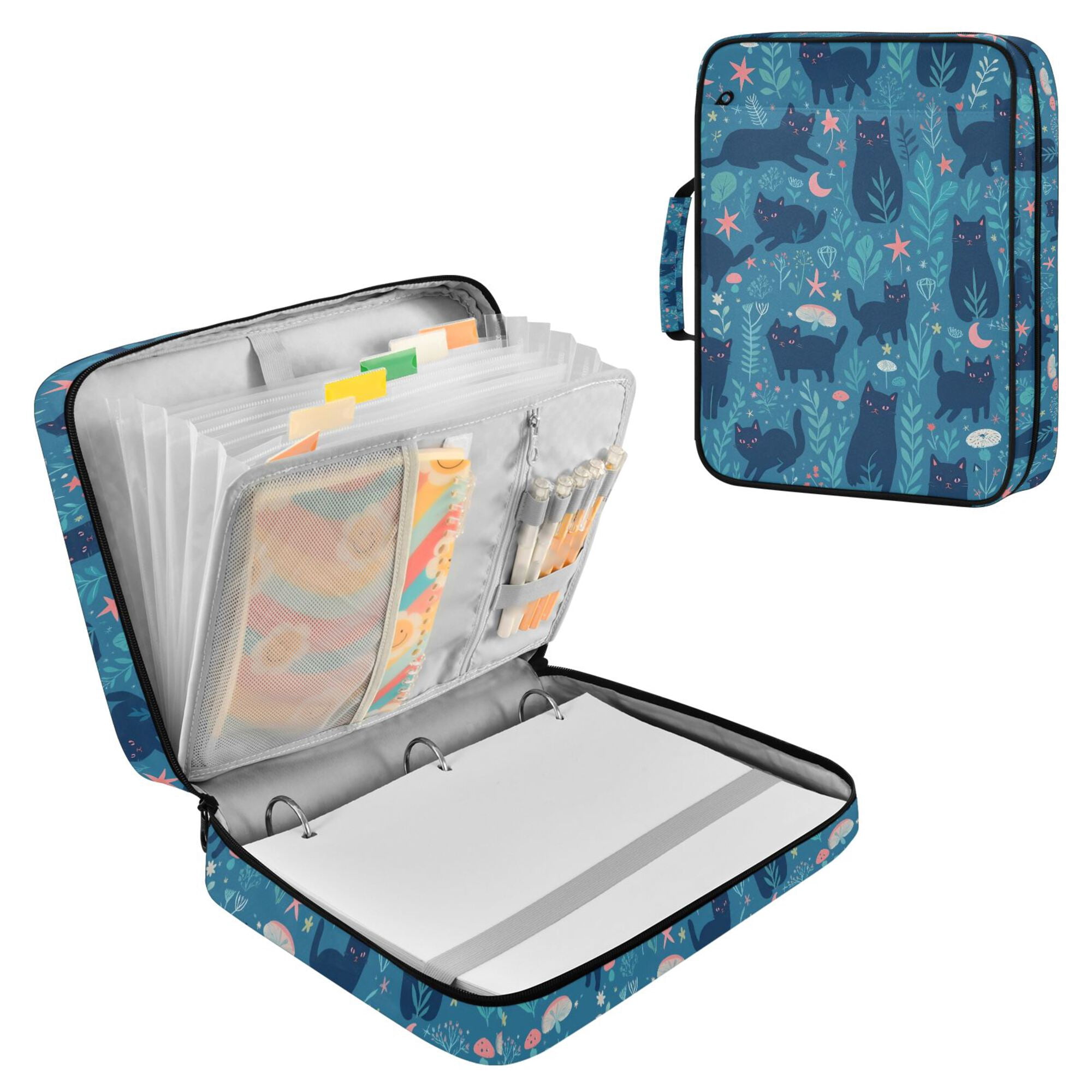 FORMRS Accordion File Folder A4 Size 7-Pocket Expanding Document Organizer Bag with 3 Ring Binder, Blue Forest Cat Pattern