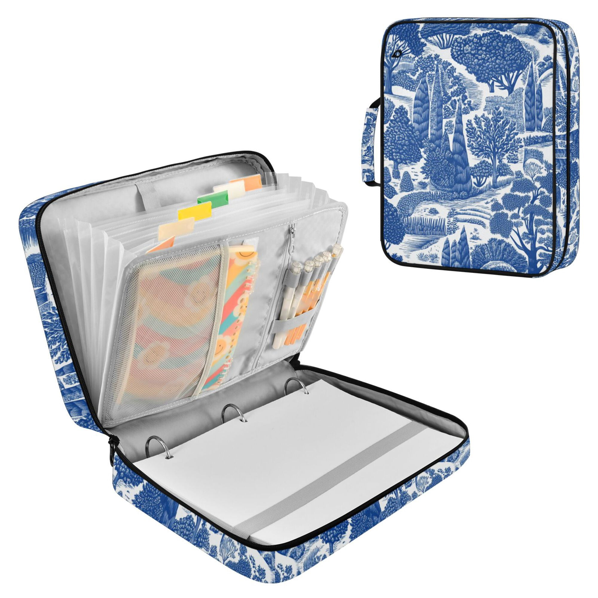 FORMRS Accordion File Folder A4 Size 7-Pocket Expanding Document Organizer Bag with 3 Ring Binder, Blue Garden Pattern