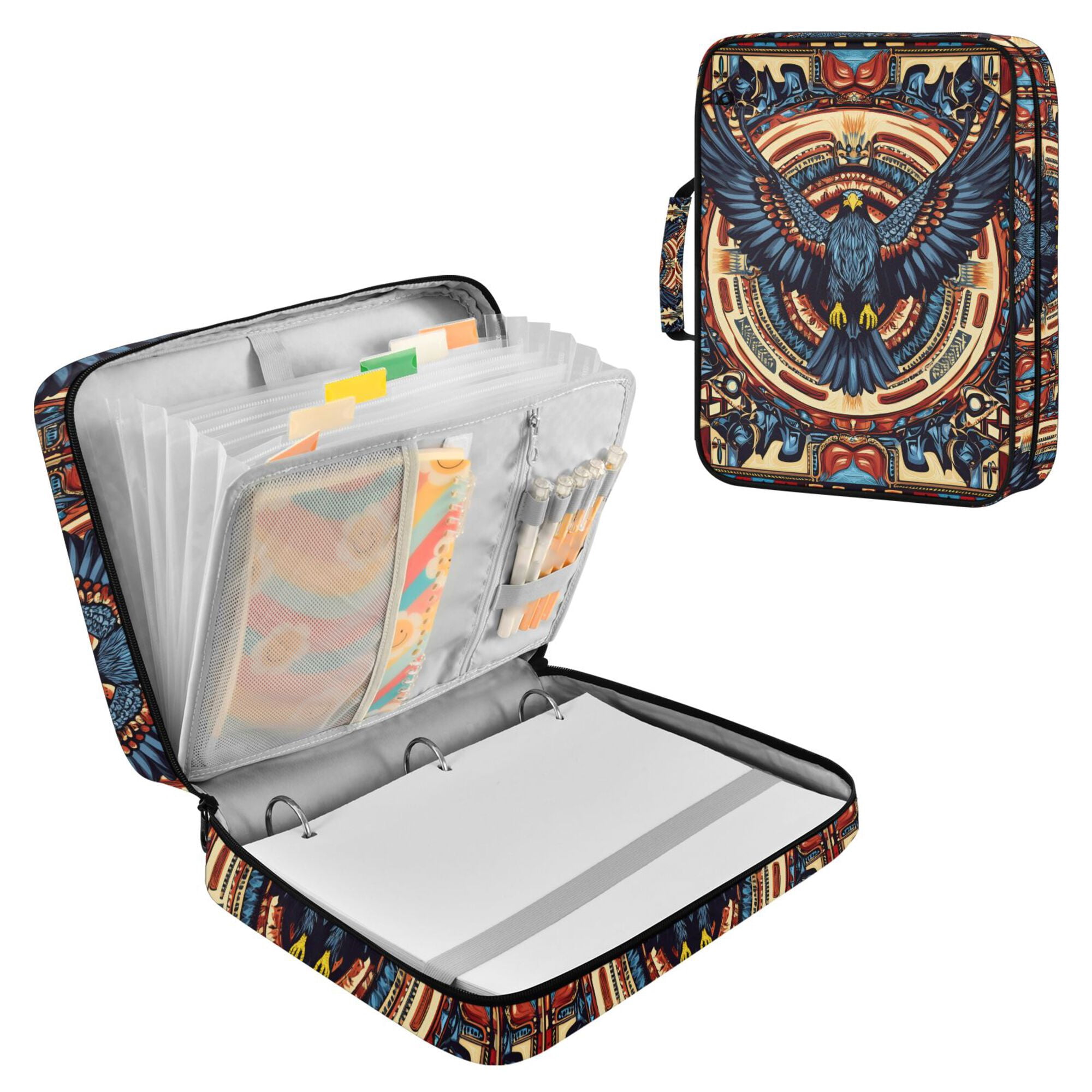FORMRS Accordion File Folder A4 Size 7-Pocket Expanding Document Organizer Bag with 3 Ring Binder, Blue Geometric Eagle