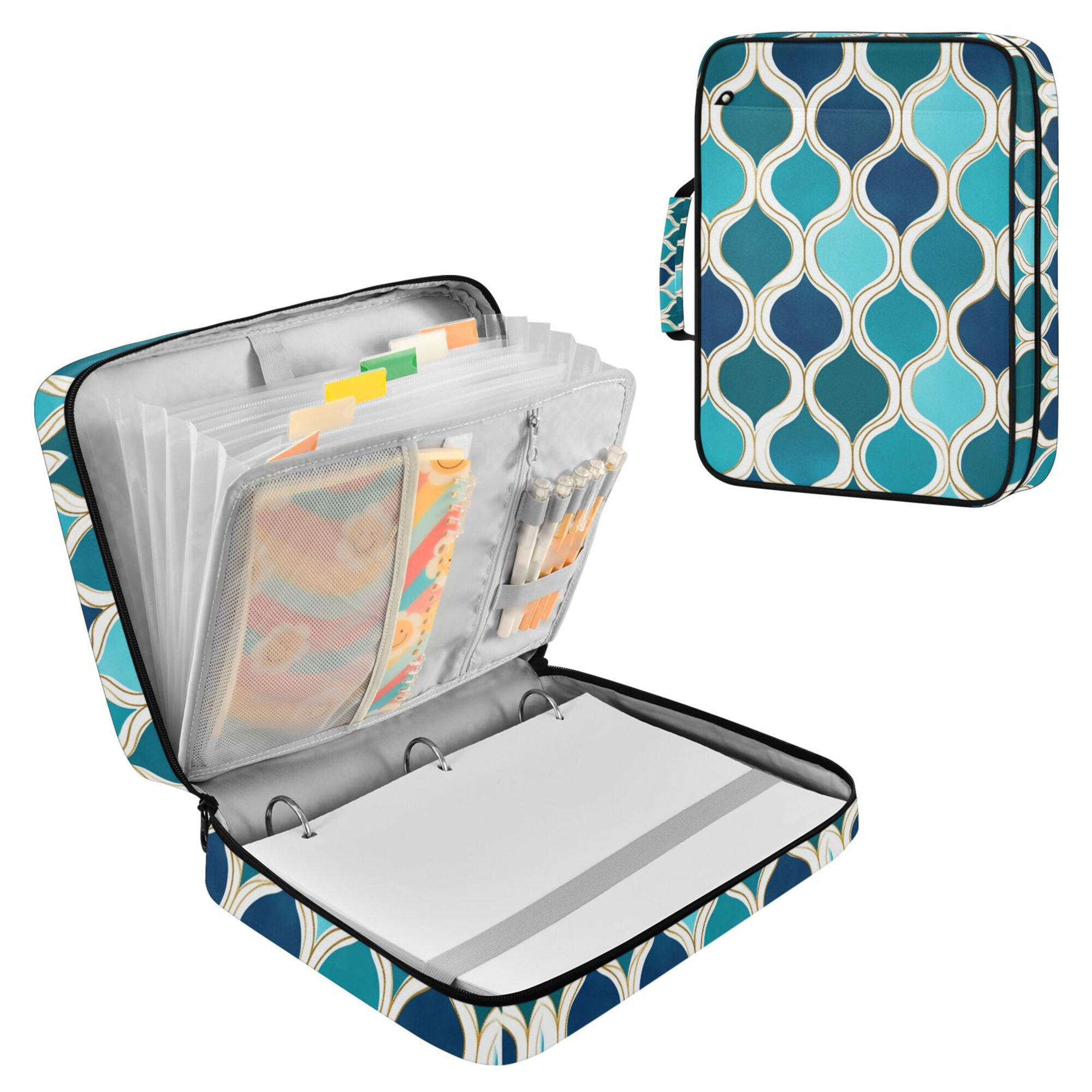 FORMRS Accordion File Folder A4 Size 7-Pocket Expanding Document Organizer Bag with 3 Ring Binder, Blue Geometric Pattern