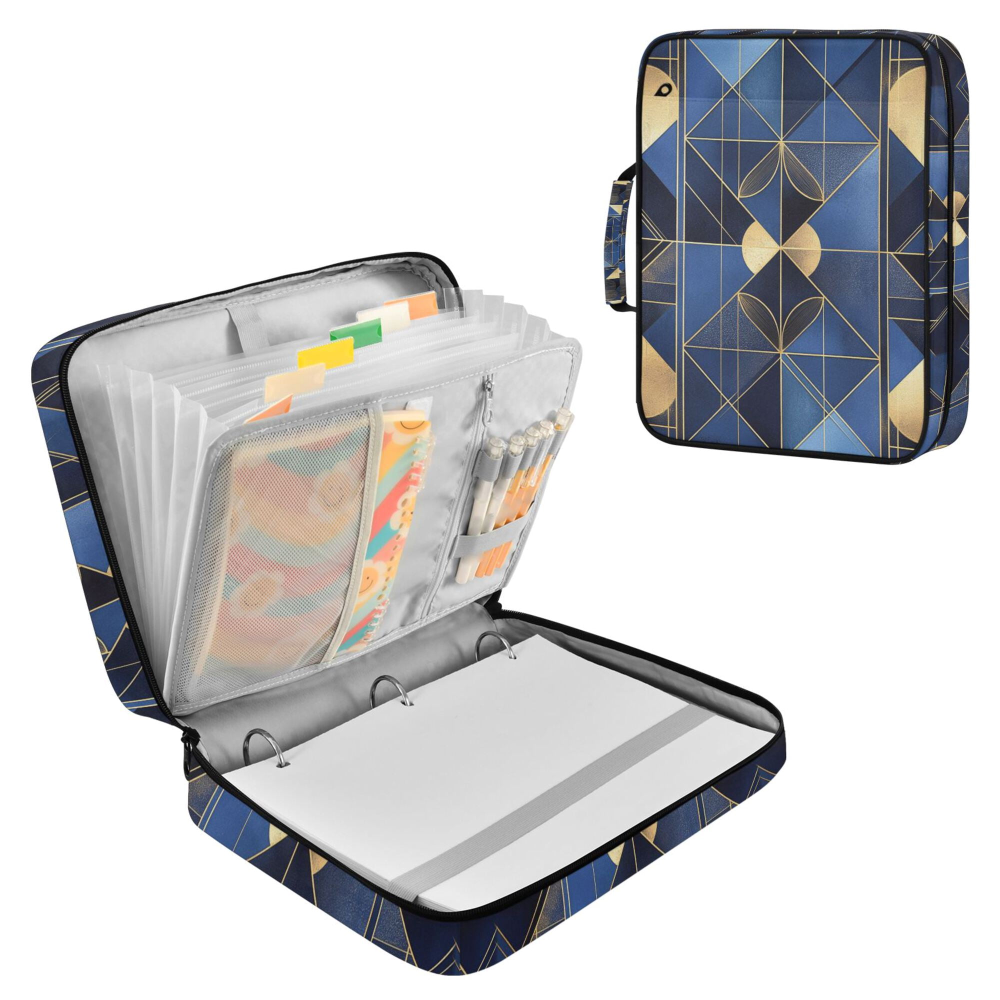 FORMRS Accordion File Folder A4 Size 7-Pocket Expanding Document Organizer Bag with 3 Ring Binder, Blue Geometric Pattern