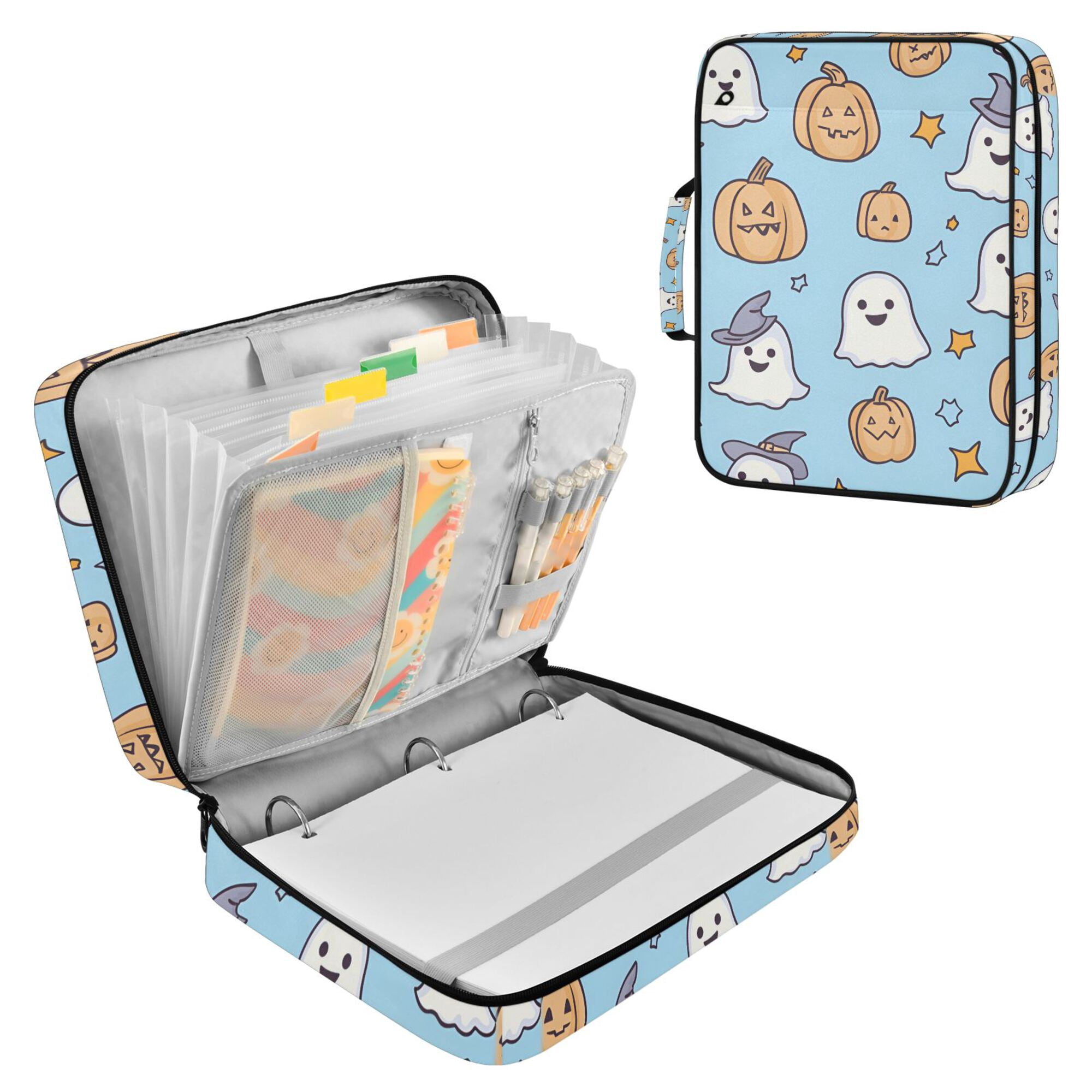 FORMRS Accordion File Folder A4 Size 7-Pocket Expanding Document Organizer Bag with 3 Ring Binder, Blue Halloween Ghosts