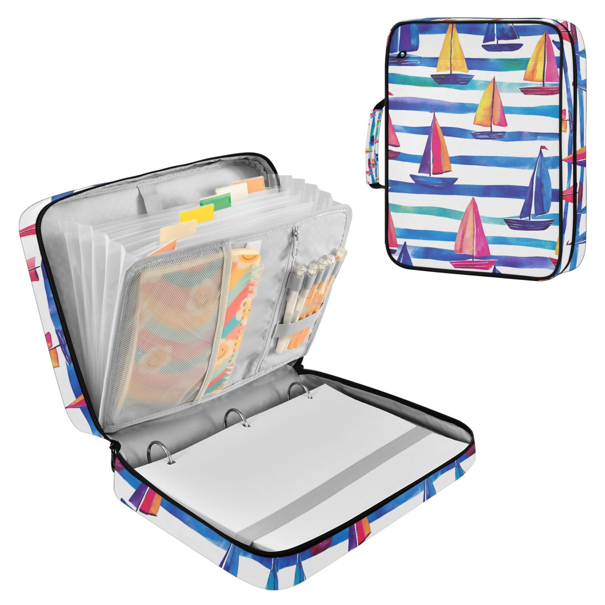 FORMRS Accordion File Folder A4 Size 7-Pocket Expanding Document Organizer Bag with 3 Ring Binder, Blue Hand Drawn Sailboats