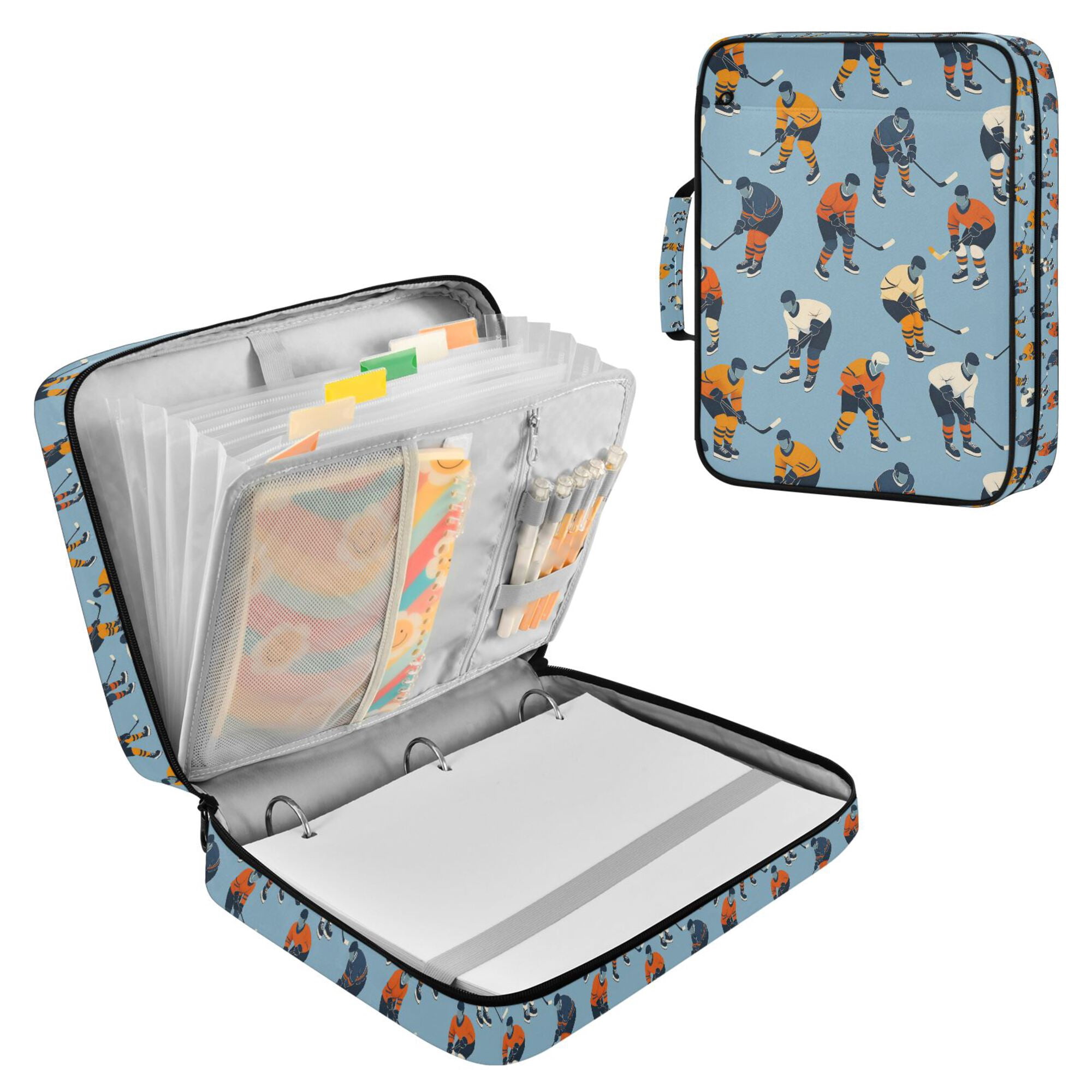 FORMRS Accordion File Folder A4 Size 7-Pocket Expanding Document Organizer Bag with 3 Ring Binder, Blue Hockey Pattern