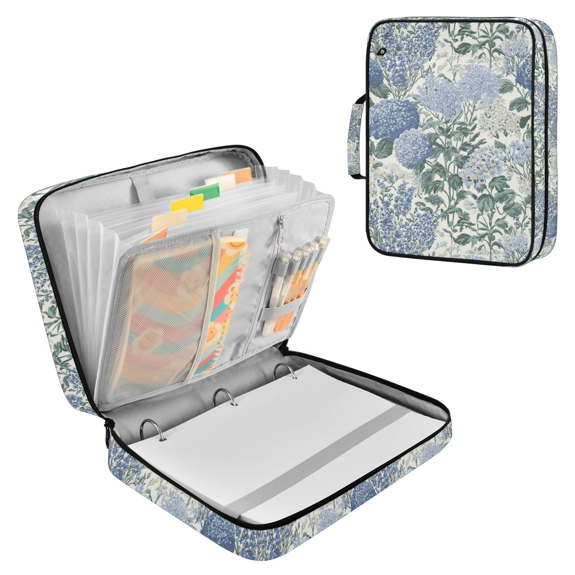 FORMRS Accordion File Folder A4 Size 7-Pocket Expanding Document Organizer Bag with 3 Ring Binder, Blue Hydrangeas Pattern