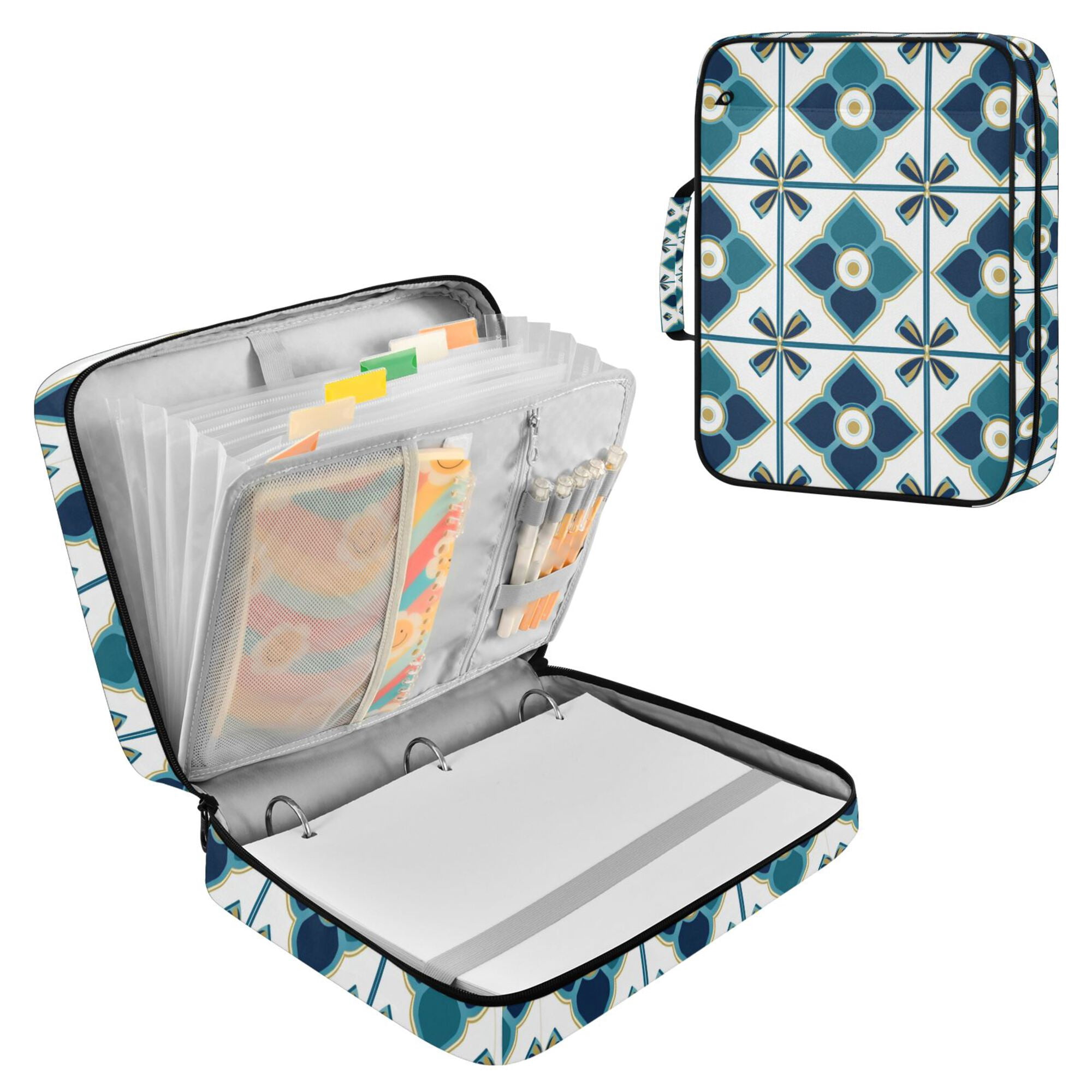 FORMRS Accordion File Folder A4 Size 7-Pocket Expanding Document Organizer Bag with 3 Ring Binder, Blue Mosaic Pattern