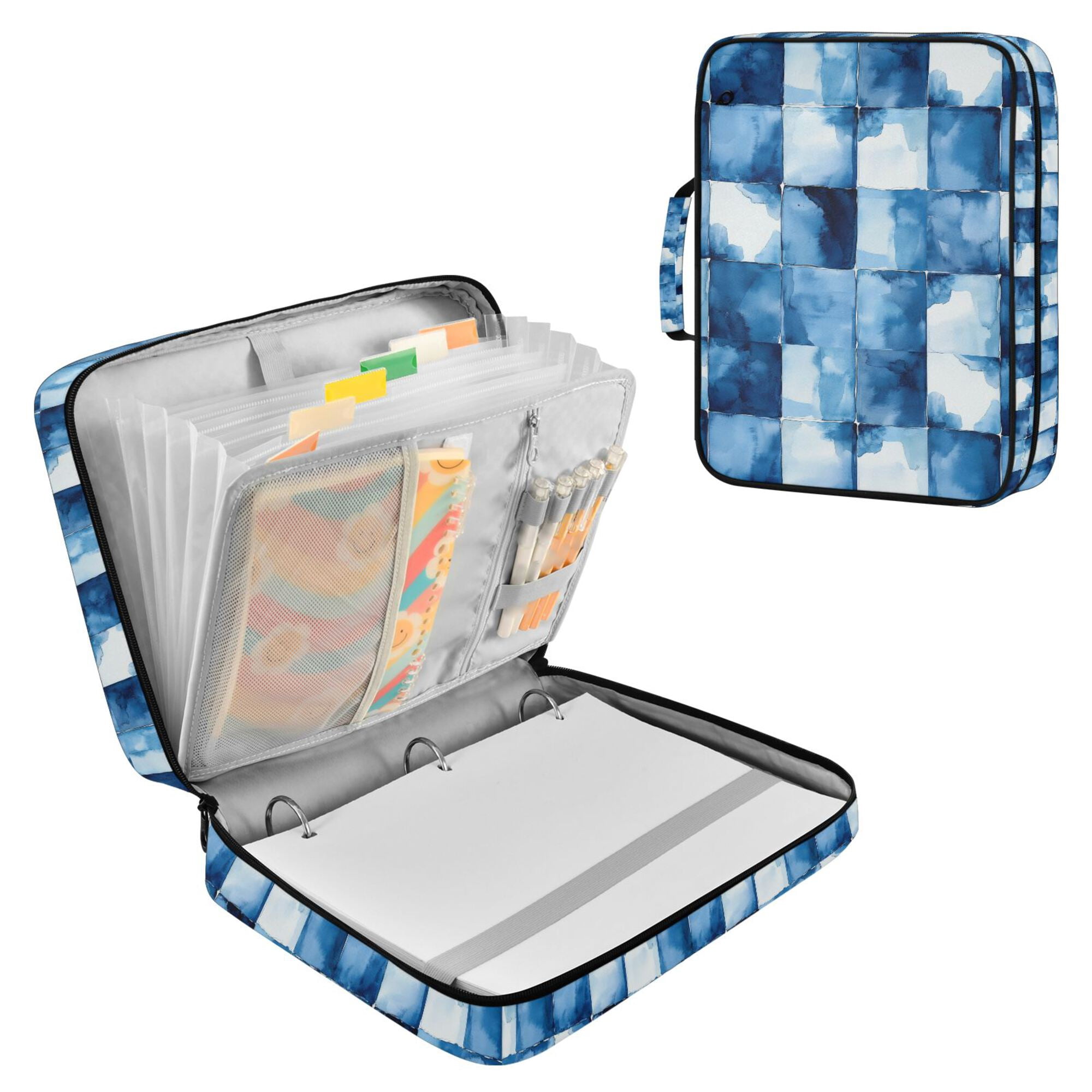 FORMRS Accordion File Folder A4 Size 7-Pocket Expanding Document Organizer Bag with 3 Ring Binder, Blue Pattern