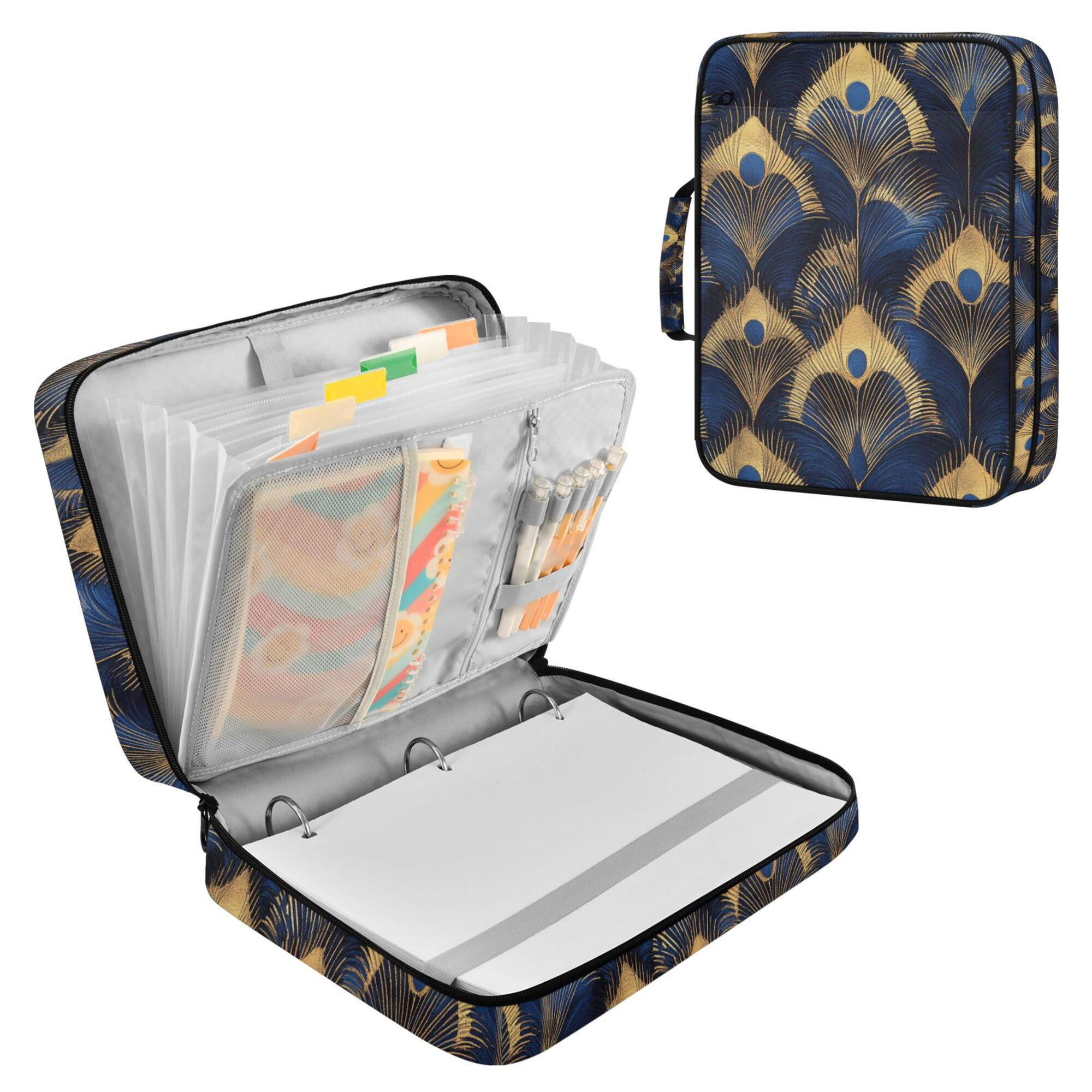 FORMRS Accordion File Folder A4 Size 7-Pocket Expanding Document Organizer Bag with 3 Ring Binder, Blue Peacock Feathers Pattern