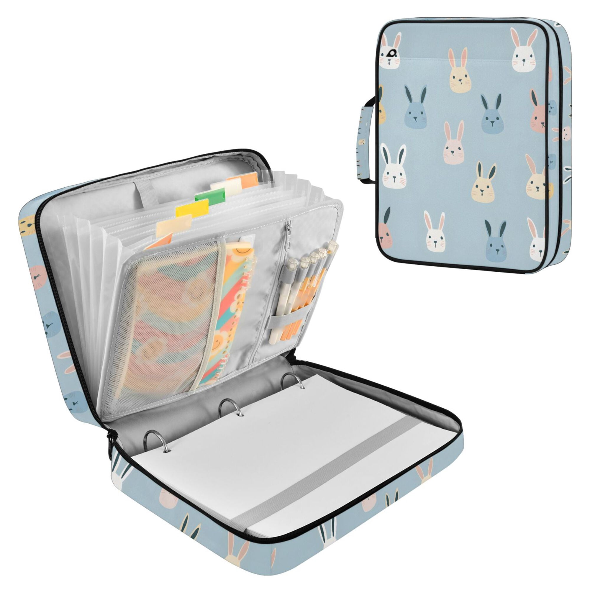 FORMRS Accordion File Folder A4 Size 7-Pocket Expanding Document Organizer Bag with 3 Ring Binder, Blue Rabbits