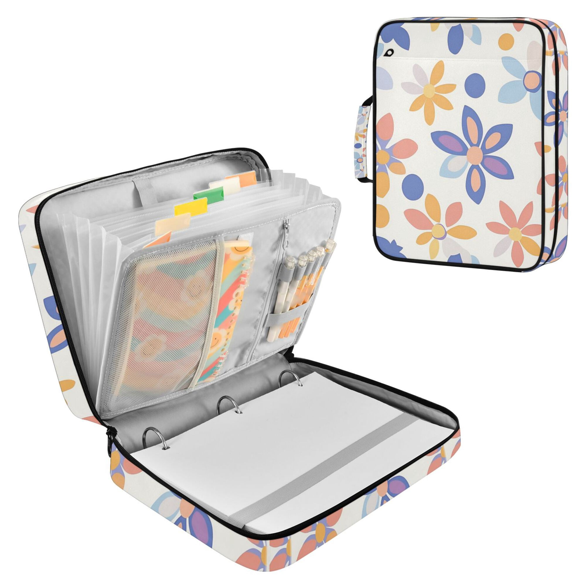 FORMRS Accordion File Folder A4 Size 7-Pocket Expanding Document Organizer Bag with 3 Ring Binder, Blue Retro Flower