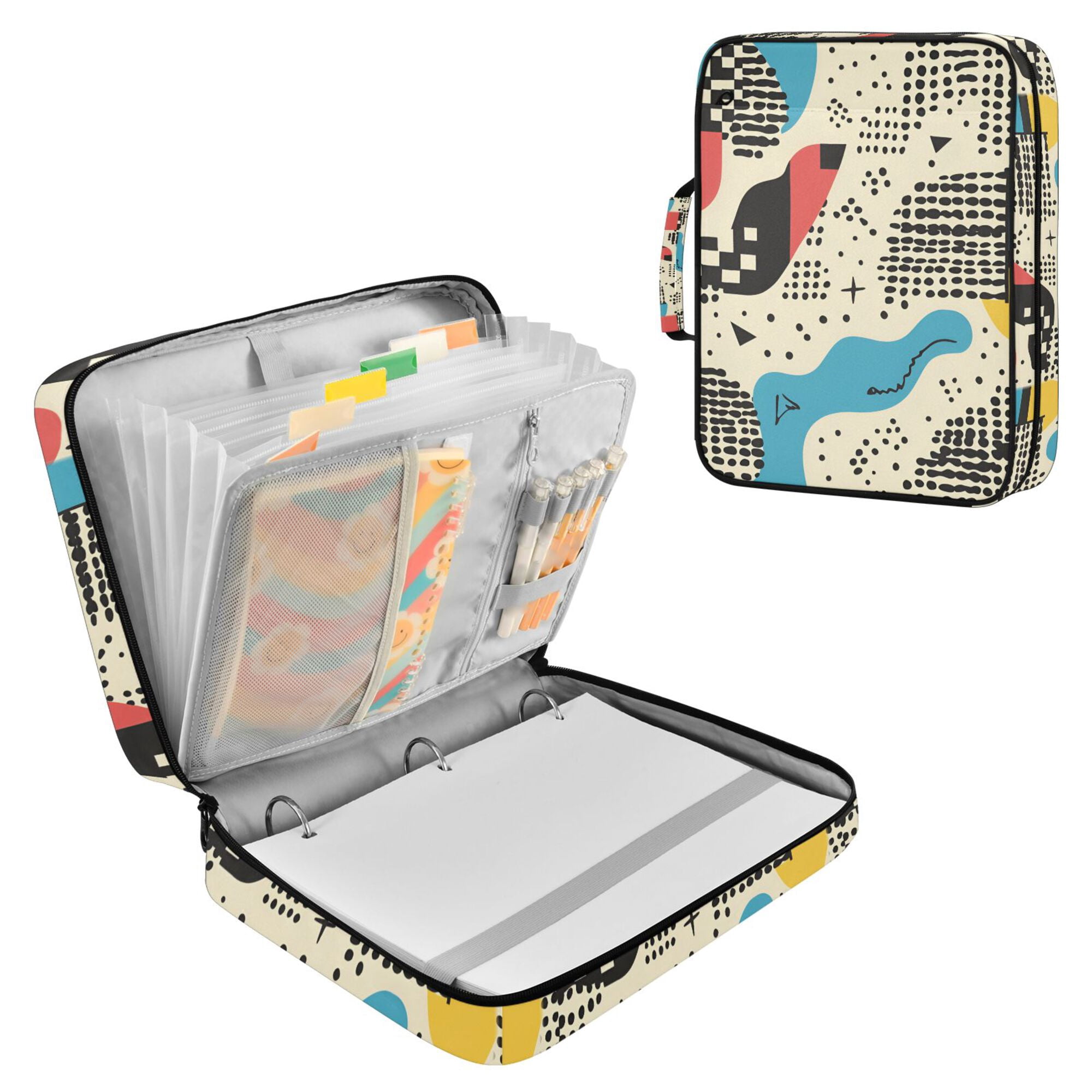 FORMRS Accordion File Folder A4 Size 7-Pocket Expanding Document Organizer Bag with 3 Ring Binder, Blue Retro Print