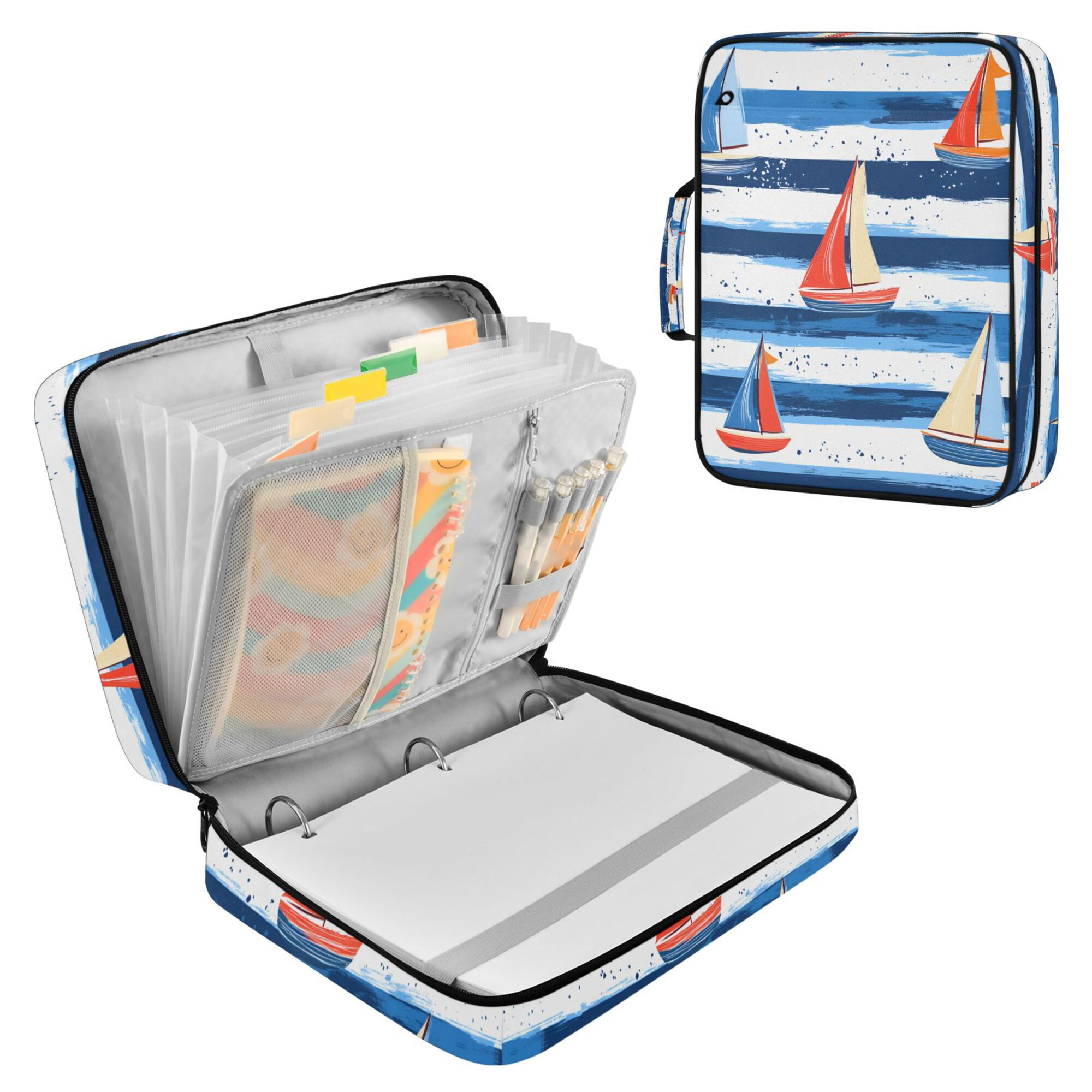 FORMRS Accordion File Folder A4 Size 7-Pocket Expanding Document Organizer Bag with 3 Ring Binder, Blue Sailboats