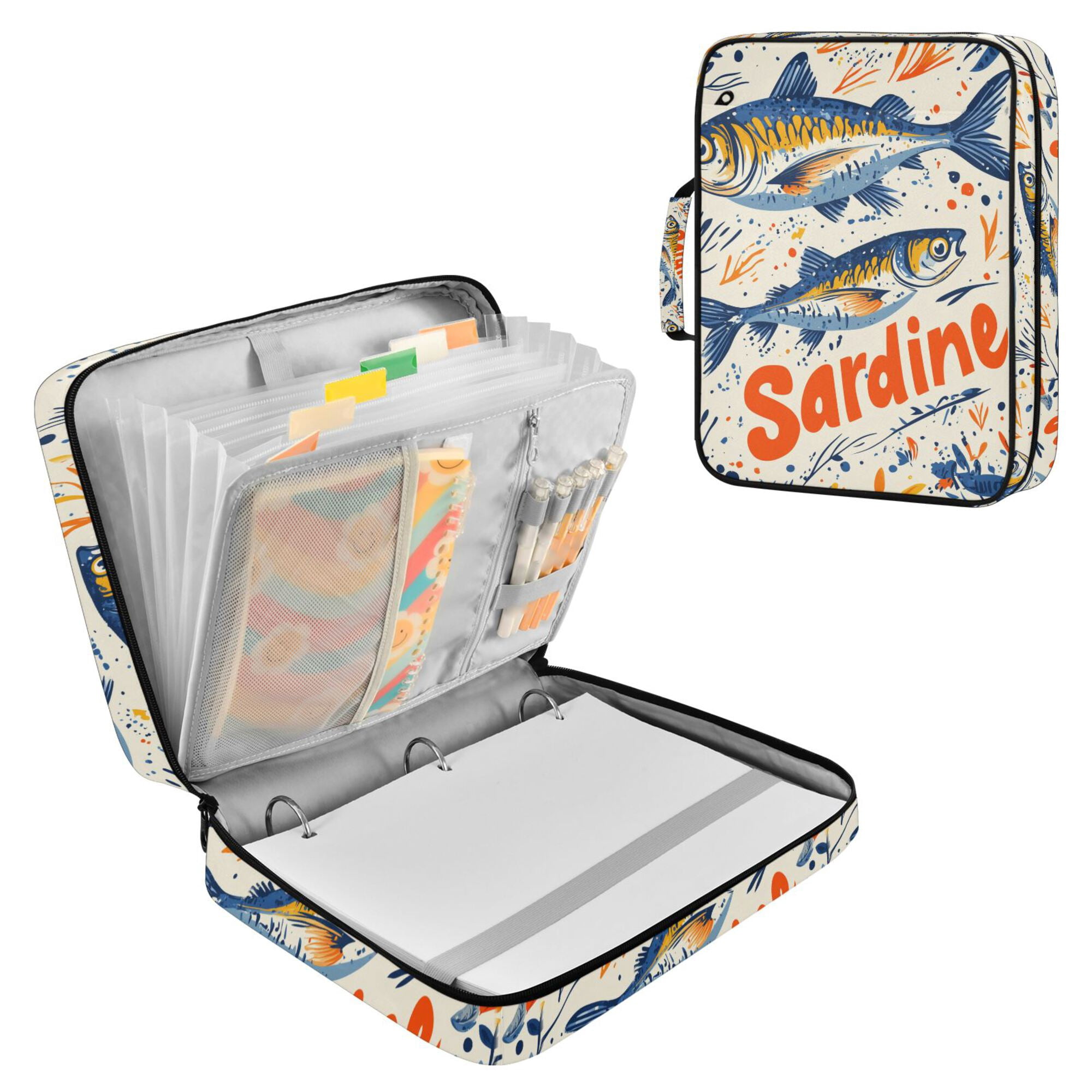 FORMRS Accordion File Folder A4 Size 7-Pocket Expanding Document Organizer Bag with 3 Ring Binder, Blue Sardines Pattern