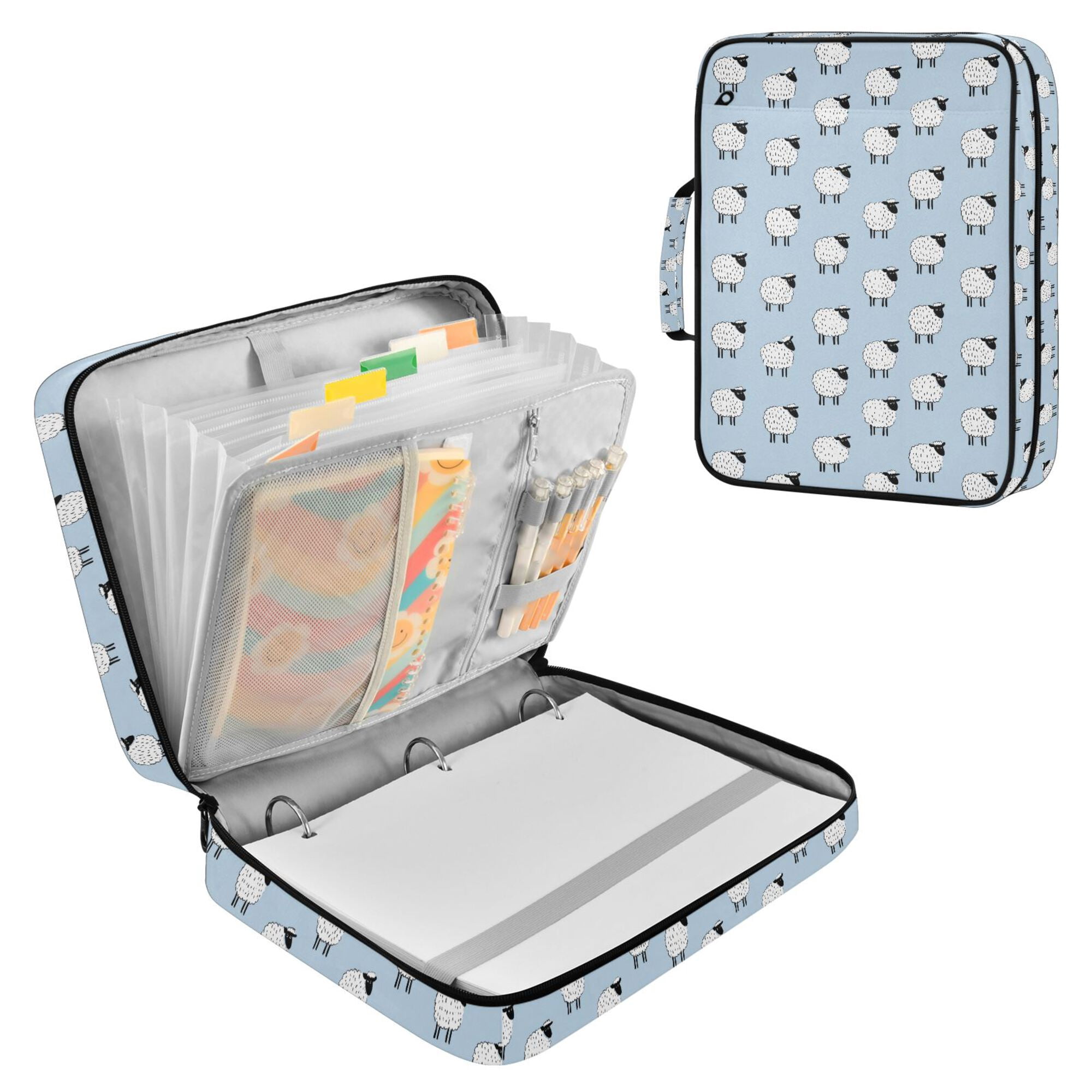FORMRS Accordion File Folder A4 Size 7-Pocket Expanding Document Organizer Bag with 3 Ring Binder, Blue Sheep Pattern