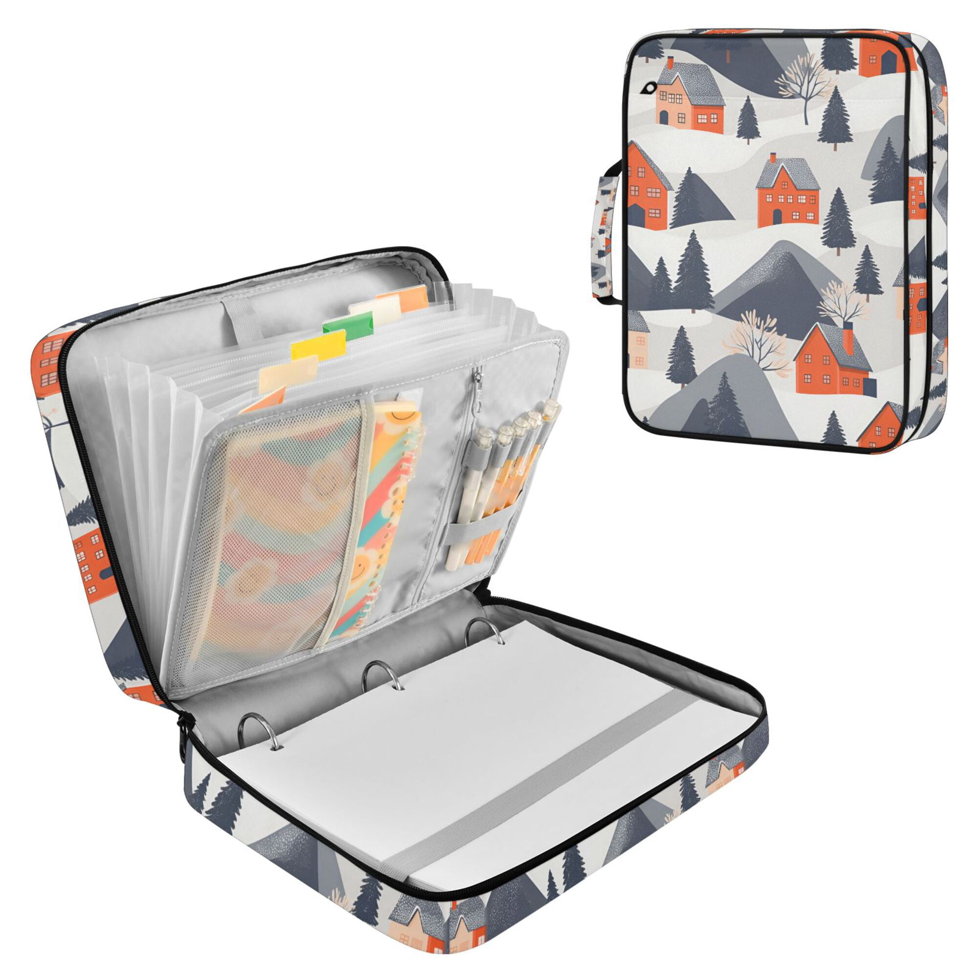 FORMRS Accordion File Folder A4 Size 7-Pocket Expanding Document Organizer Bag with 3 Ring Binder, Blue Snow Houses
