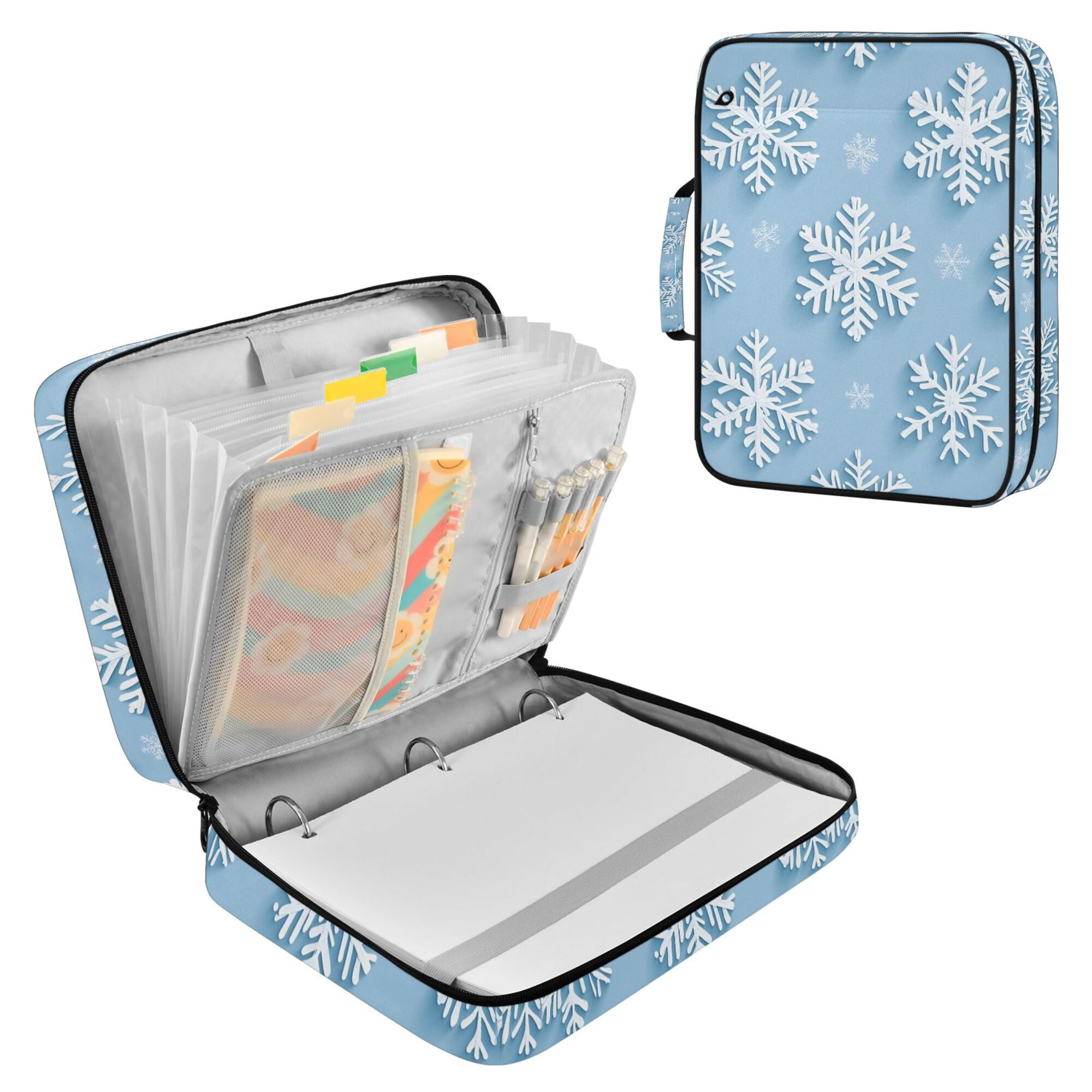 FORMRS Accordion File Folder A4 Size 7-Pocket Expanding Document Organizer Bag with 3 Ring Binder, Blue Snowflake