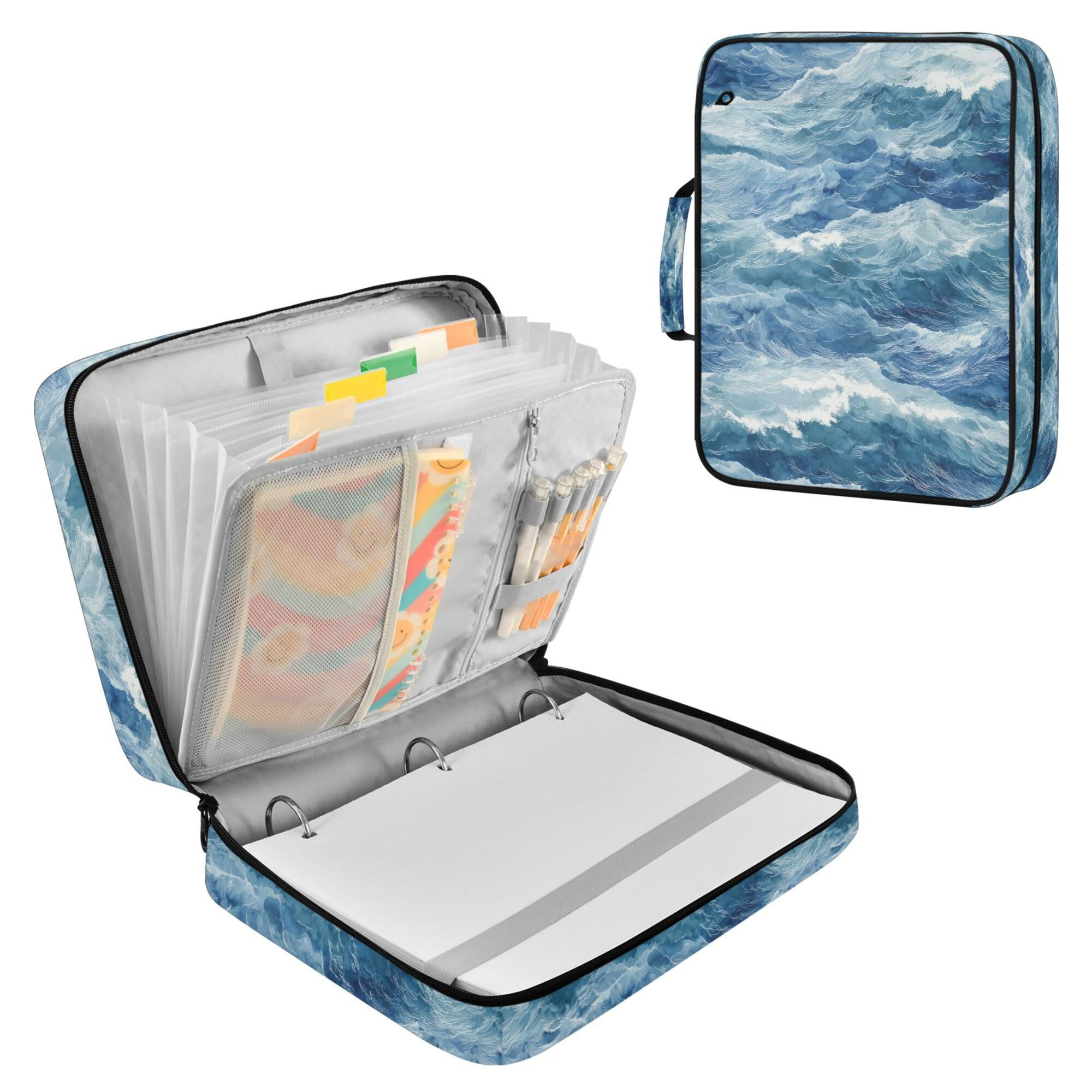 FORMRS Accordion File Folder A4 Size 7-Pocket Expanding Document Organizer Bag with 3 Ring Binder, Blue Watercolor Ocean Waves
