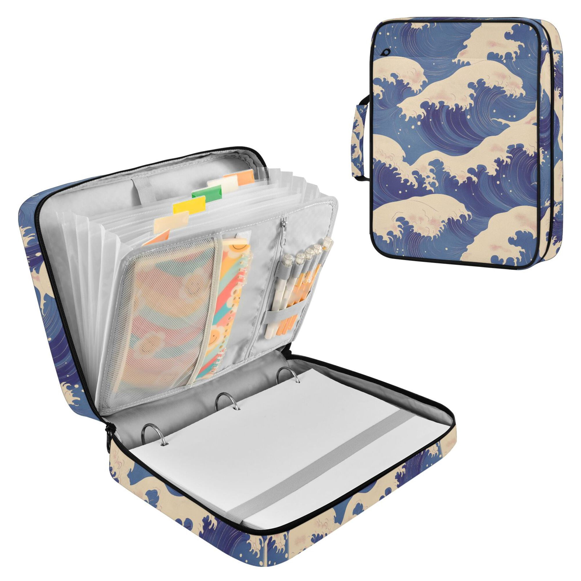 FORMRS Accordion File Folder A4 Size 7-Pocket Expanding Document Organizer Bag with 3 Ring Binder, Blue Wave Pattern