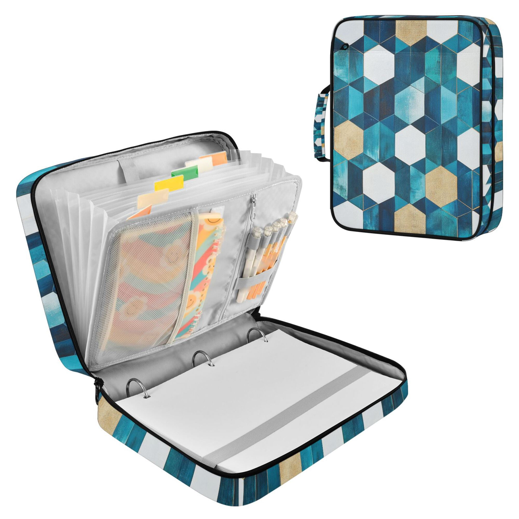 FORMRS Accordion File Folder A4 Size 7-Pocket Expanding Document Organizer Bag with 3 Ring Binder, Blue White Geometric Patterns