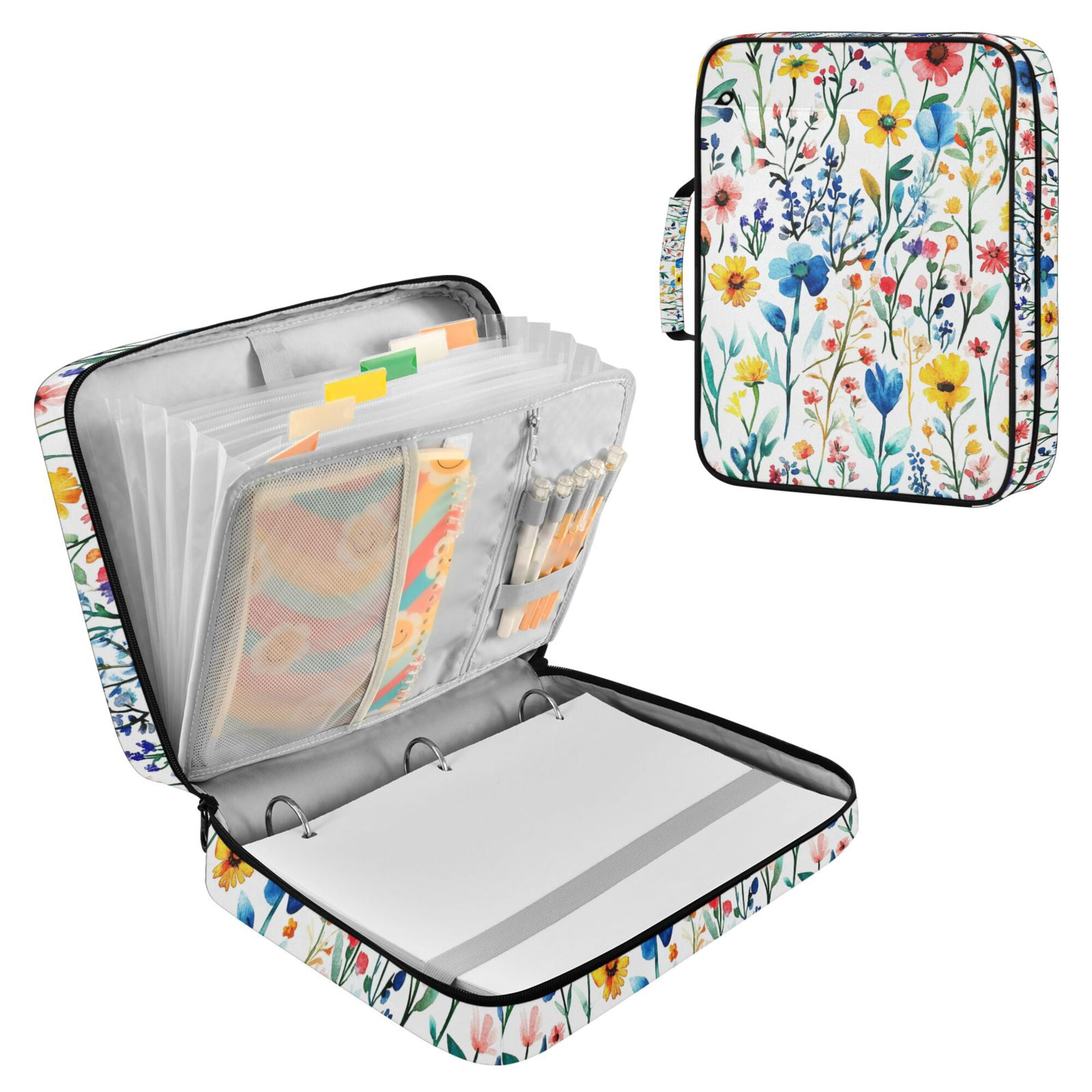 FORMRS Accordion File Folder A4 Size 7-Pocket Expanding Document Organizer Bag with 3 Ring Binder, Blue Wildflower Pattern