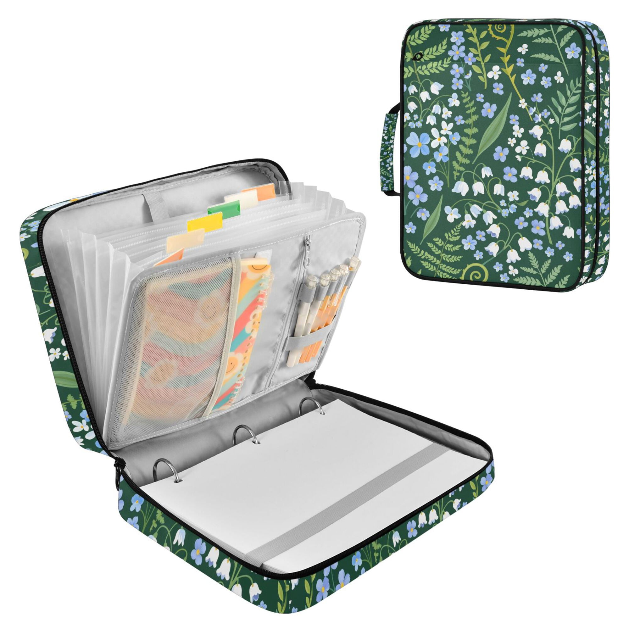 FORMRS Accordion File Folder A4 Size 7-Pocket Expanding Document Organizer Bag with 3 Ring Binder, Blue Wildflower Pattern