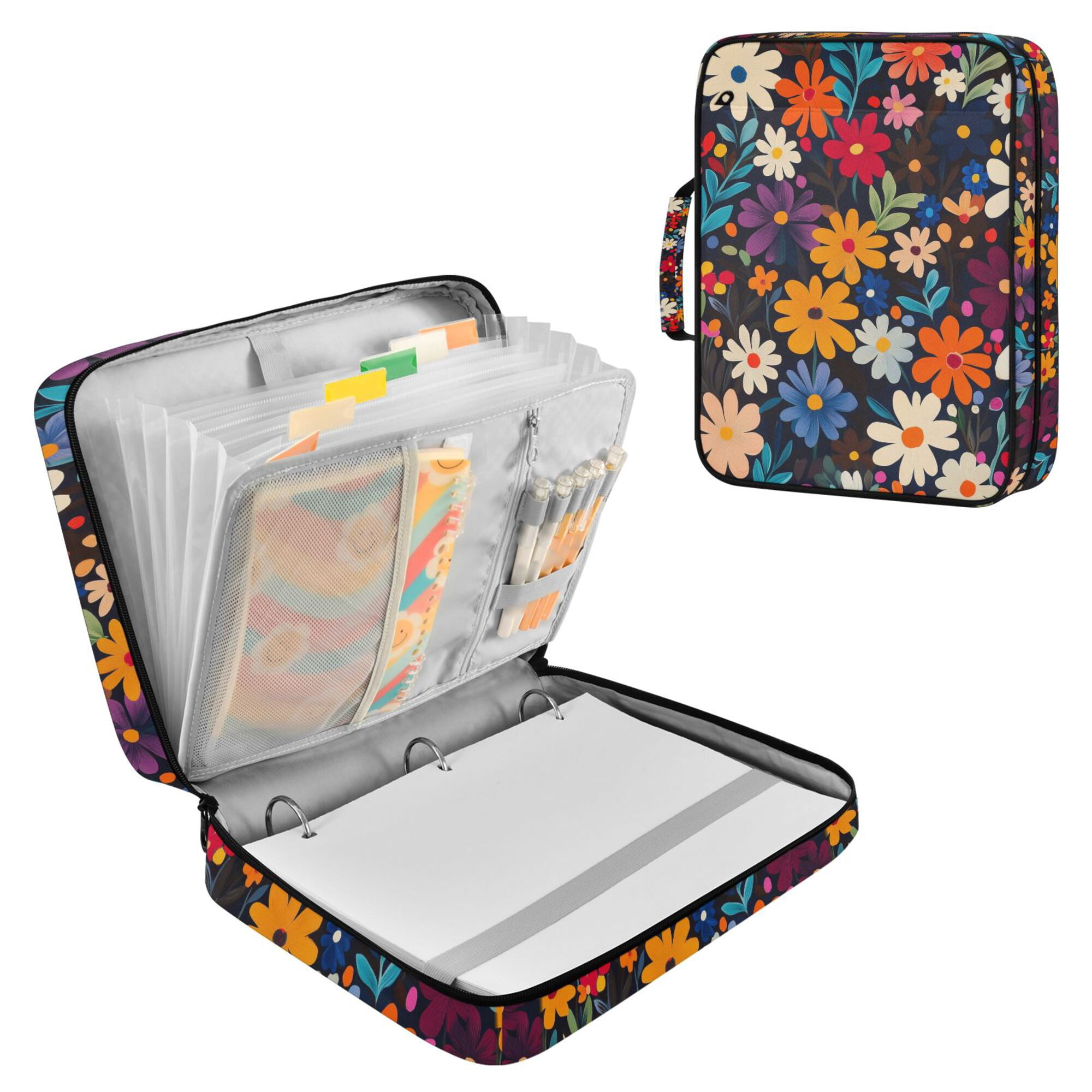 FORMRS Accordion File Folder A4 Size 7-Pocket Expanding Document Organizer Bag with 3 Ring Binder, Bright Colorful Flowers Pattern