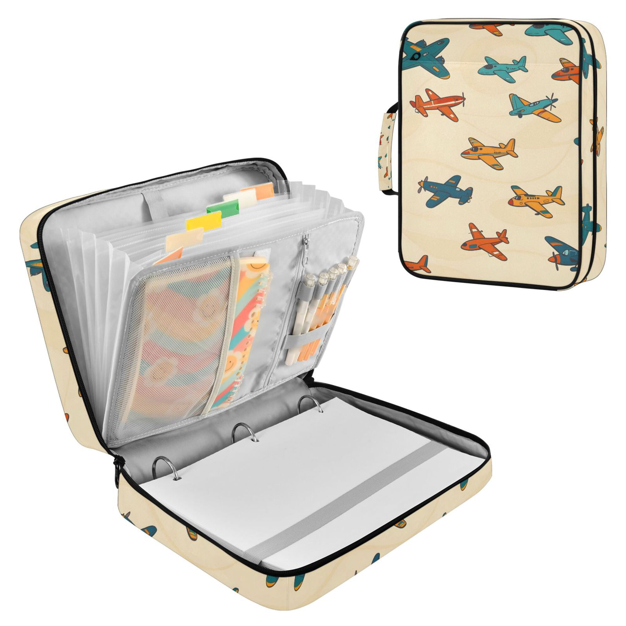 FORMRS Accordion File Folder A4 Size 7-Pocket Expanding Document Organizer Bag with 3 Ring Binder, Brown Cartoon Planes Pattern
